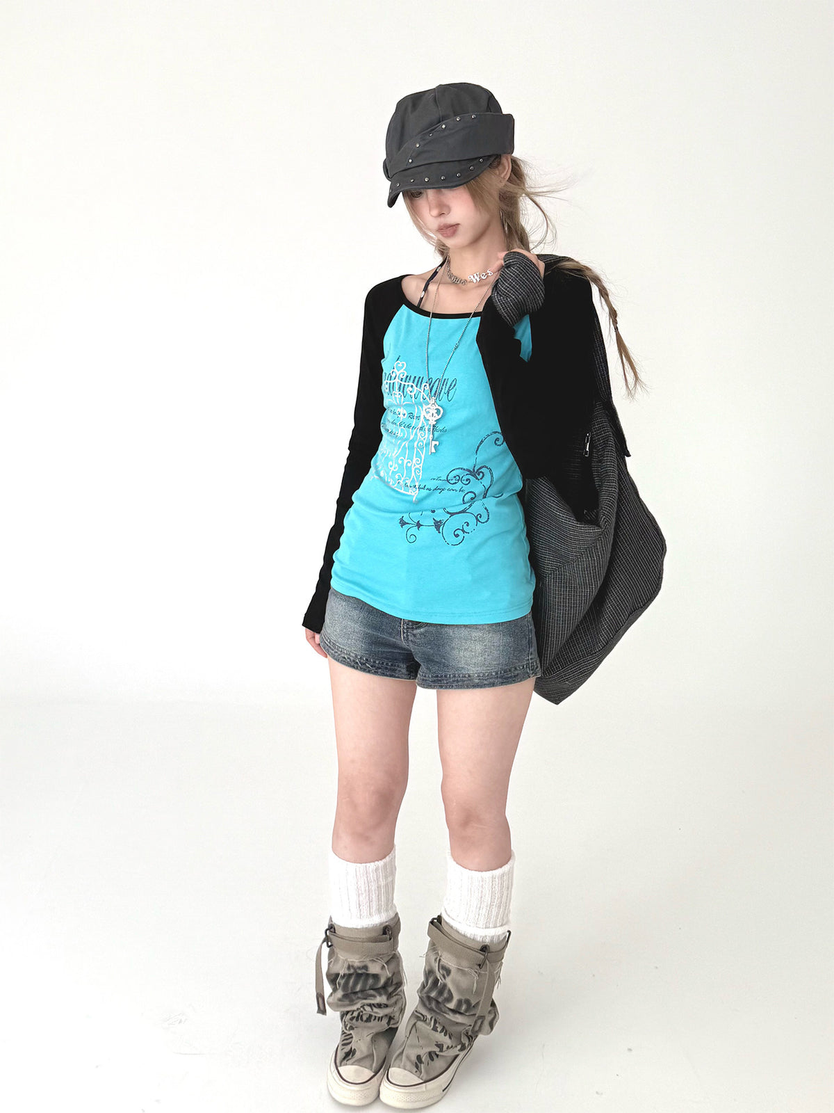 Aqua Contrast Graphic Raglan Long Sleeve Top
