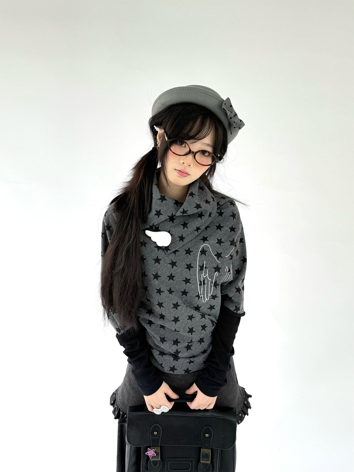 Asymmetric Star Drape Faux-Layer Long Sleeve Top