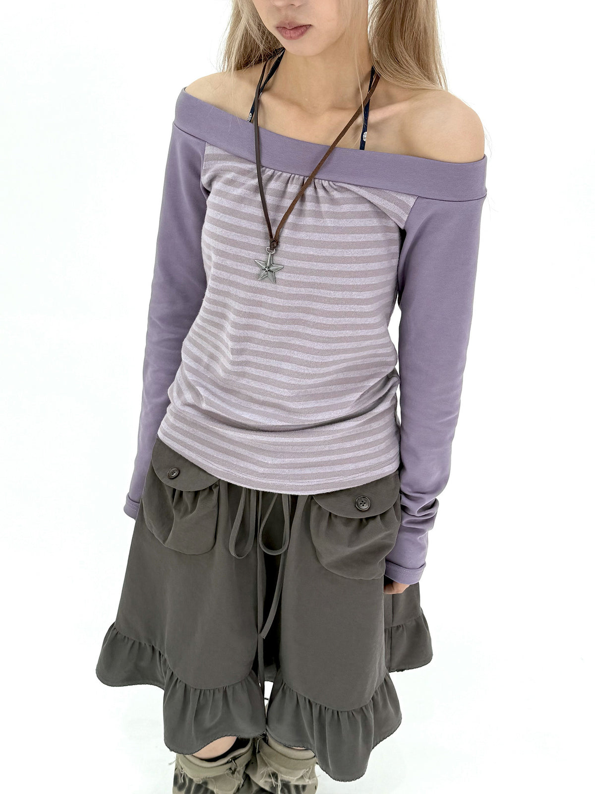 Striped Off-Shoulder Long Sleeve Top