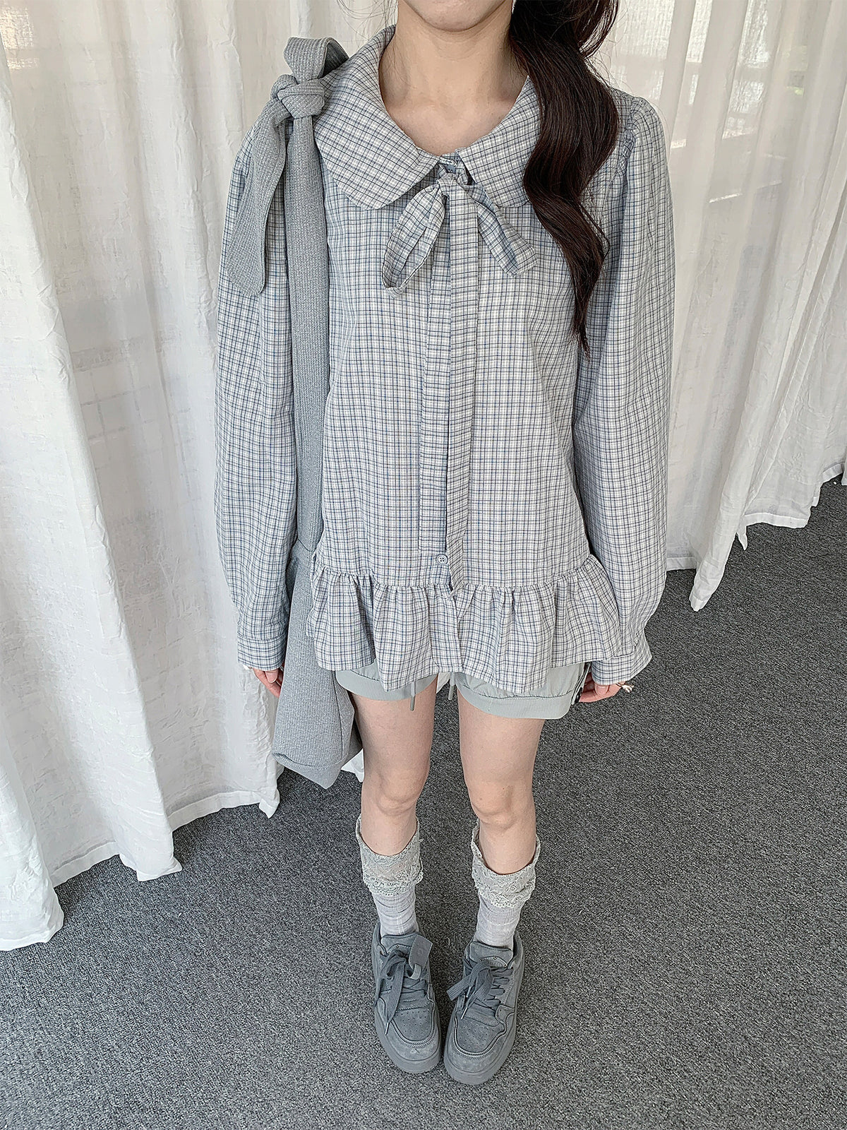 Plaid Bow Collar Ruffle Long Sleeve Blouse