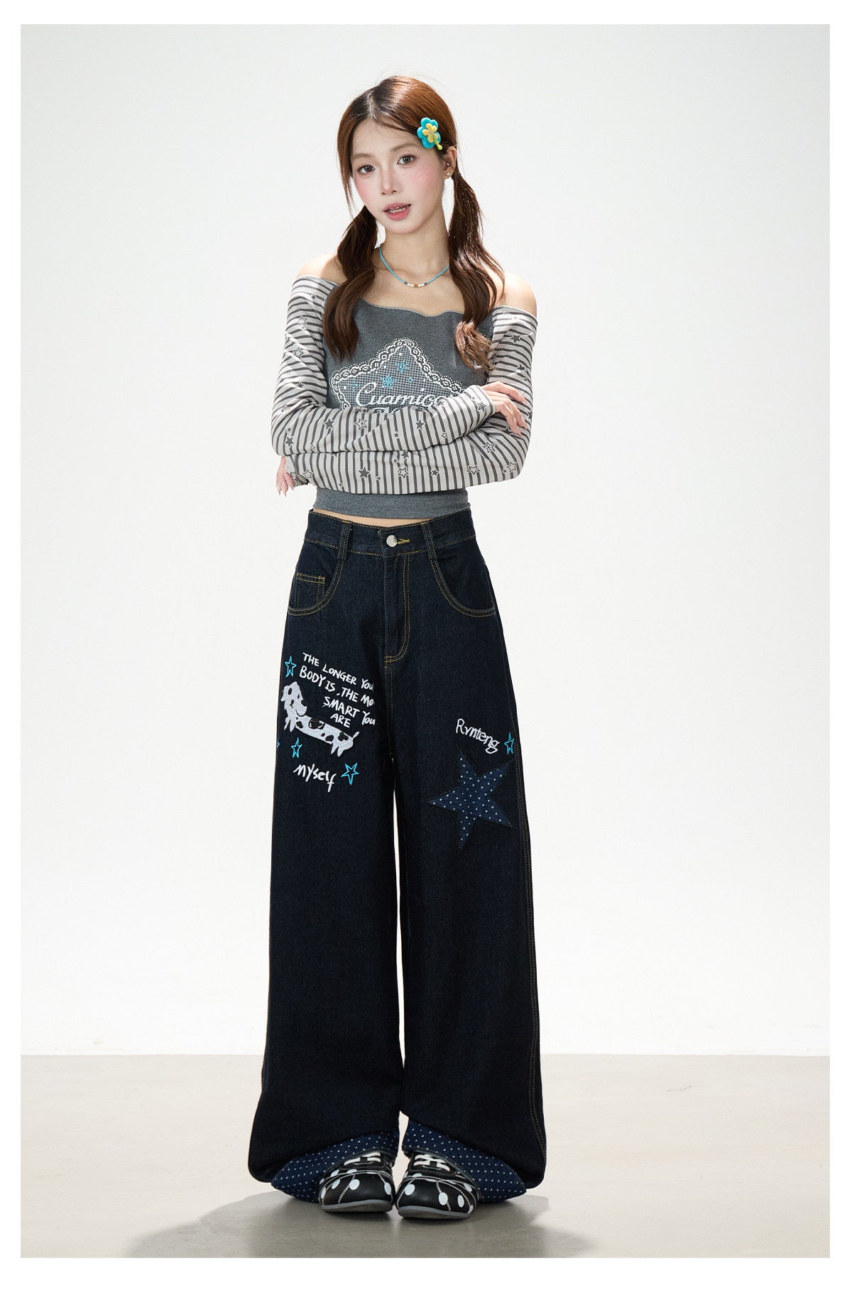 Puppy & Star Graphic Washed Wide-Leg Jeans