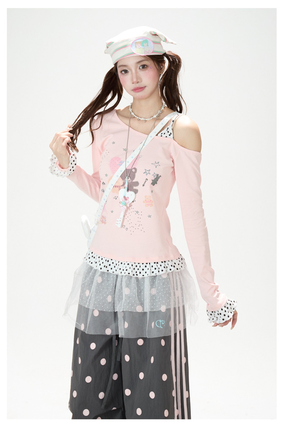 Dreamy Cartoon Off-Shoulder Layered Long Sleeve Top & Polka Dot Wide-Leg Pants