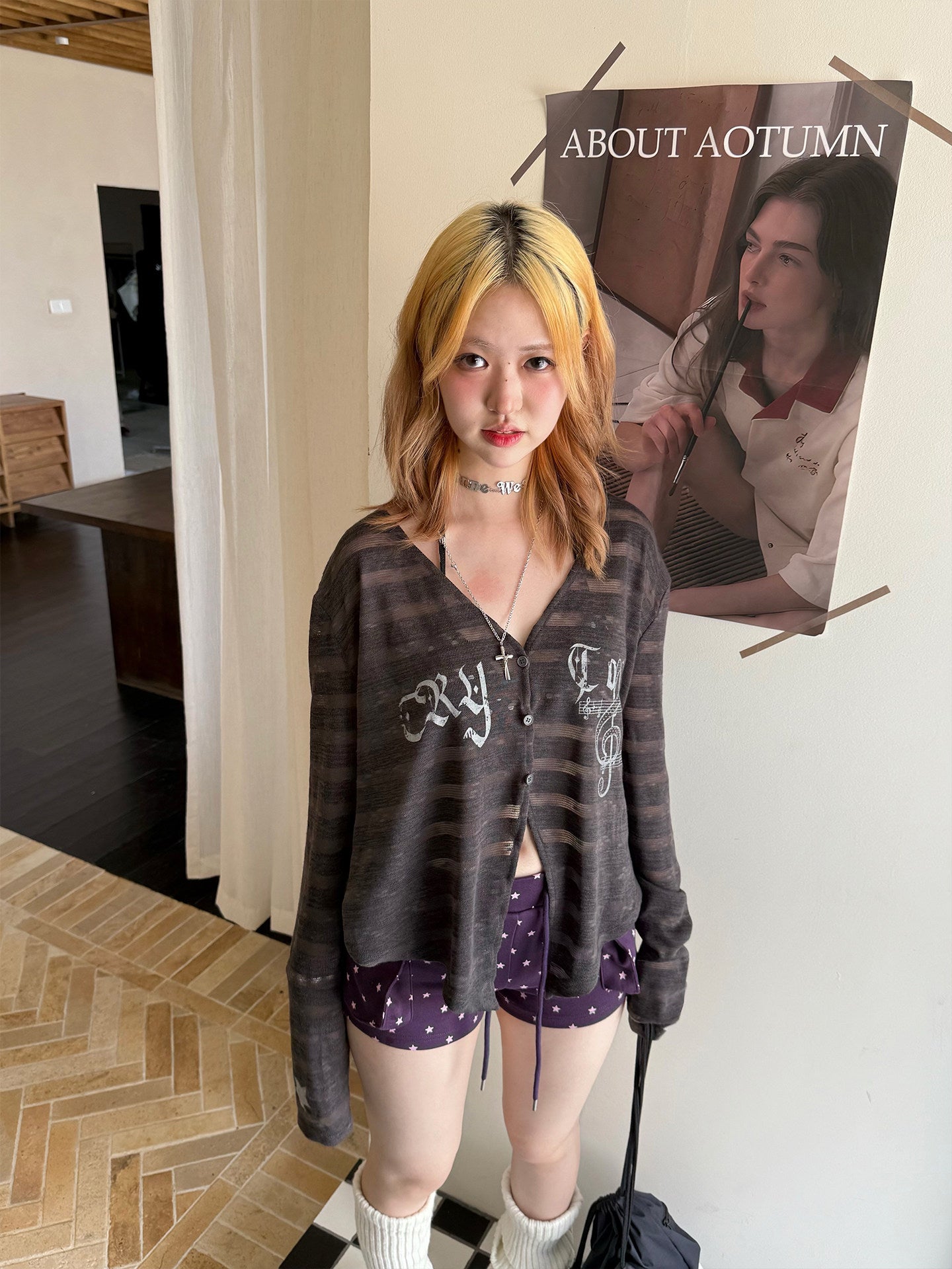 Smoky Brown Sheer Music Star Cardigan
