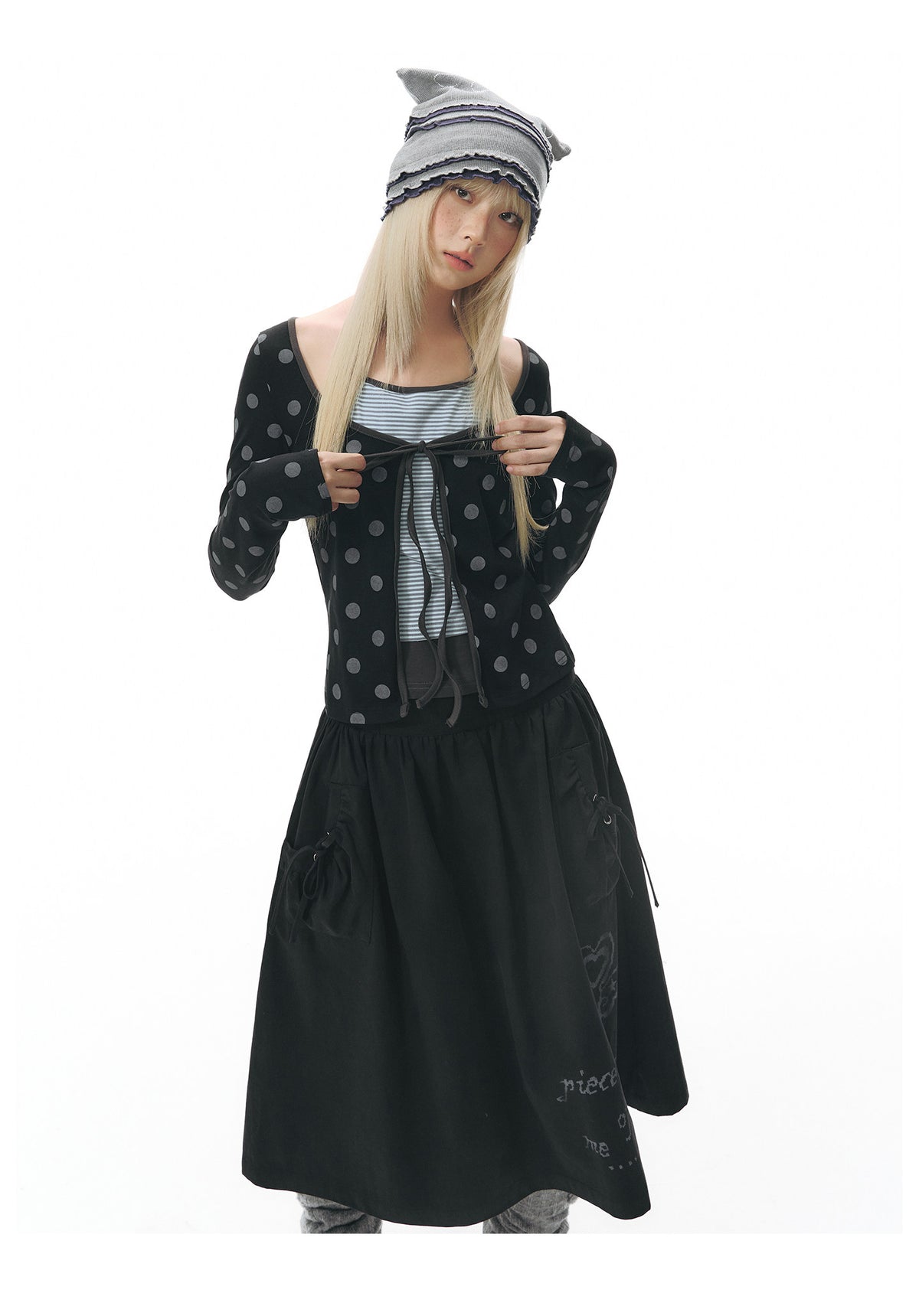 Polka Dot Tie-Front Layered Halter Long Sleeve Top