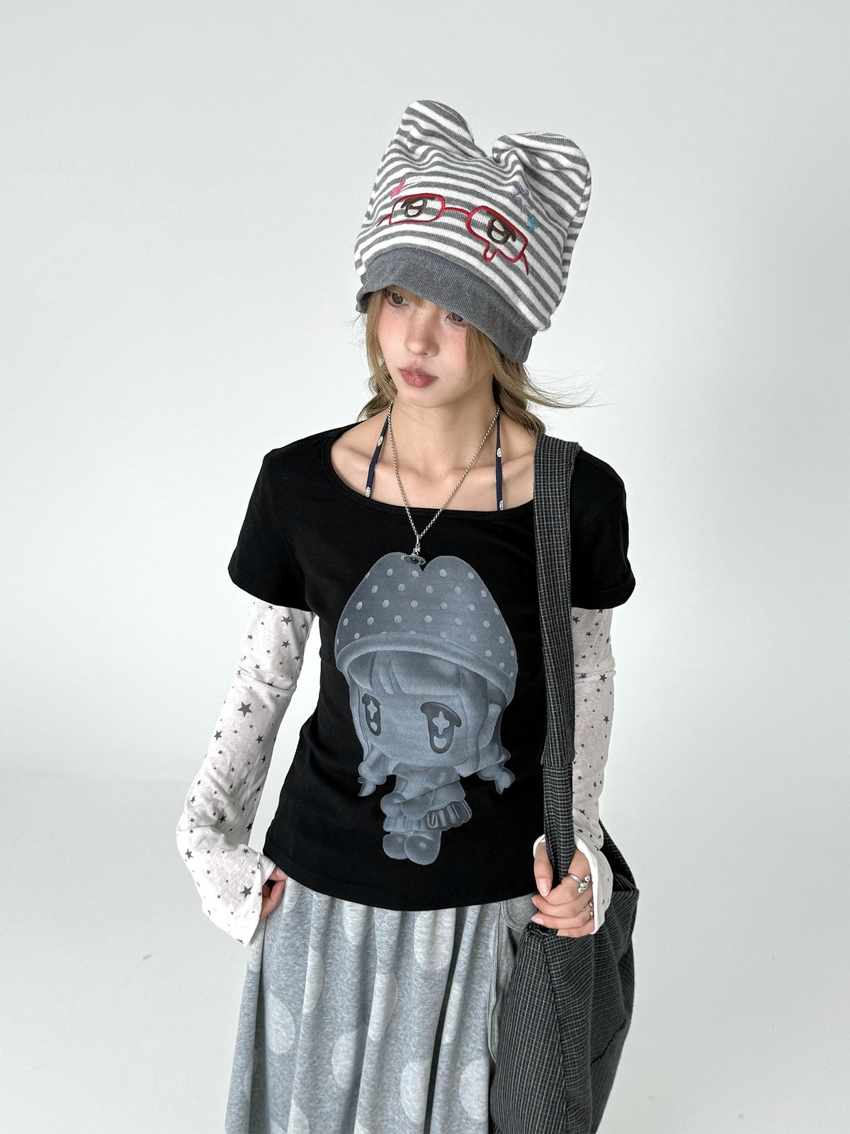 Mushroom Girl Star Faux-Layered Long Sleeve Tee