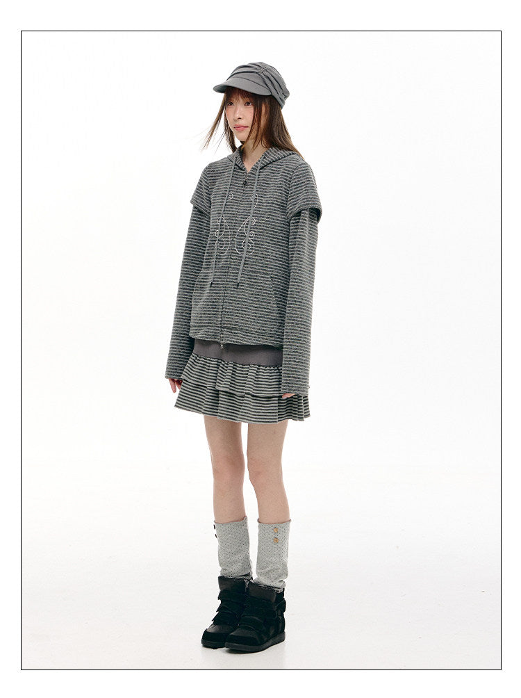 Charcoal Stripe Music Note Faux-Layer Zip Hoodie