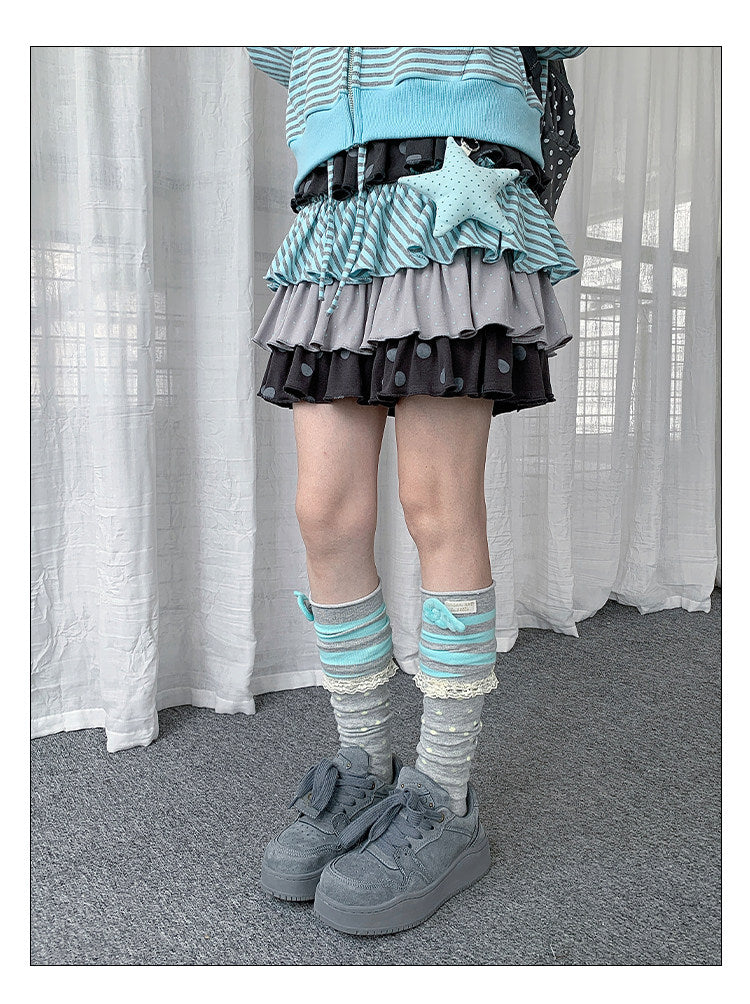 Polka Dot Stripe Tiered Mini Skirt