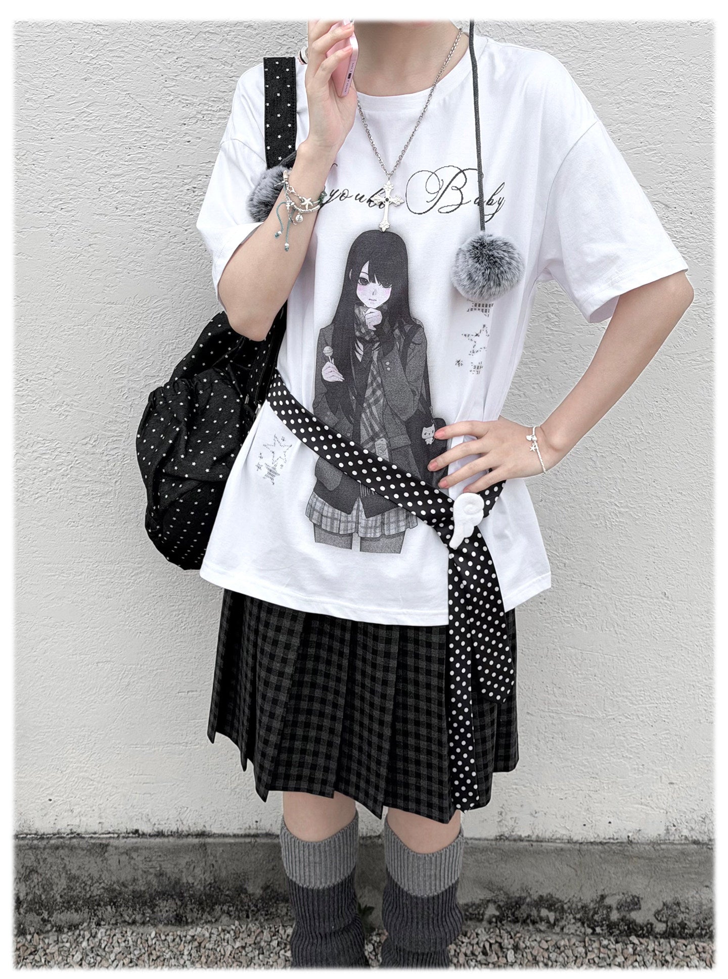 Room Doll Graphic Tee & Plaid Skirts