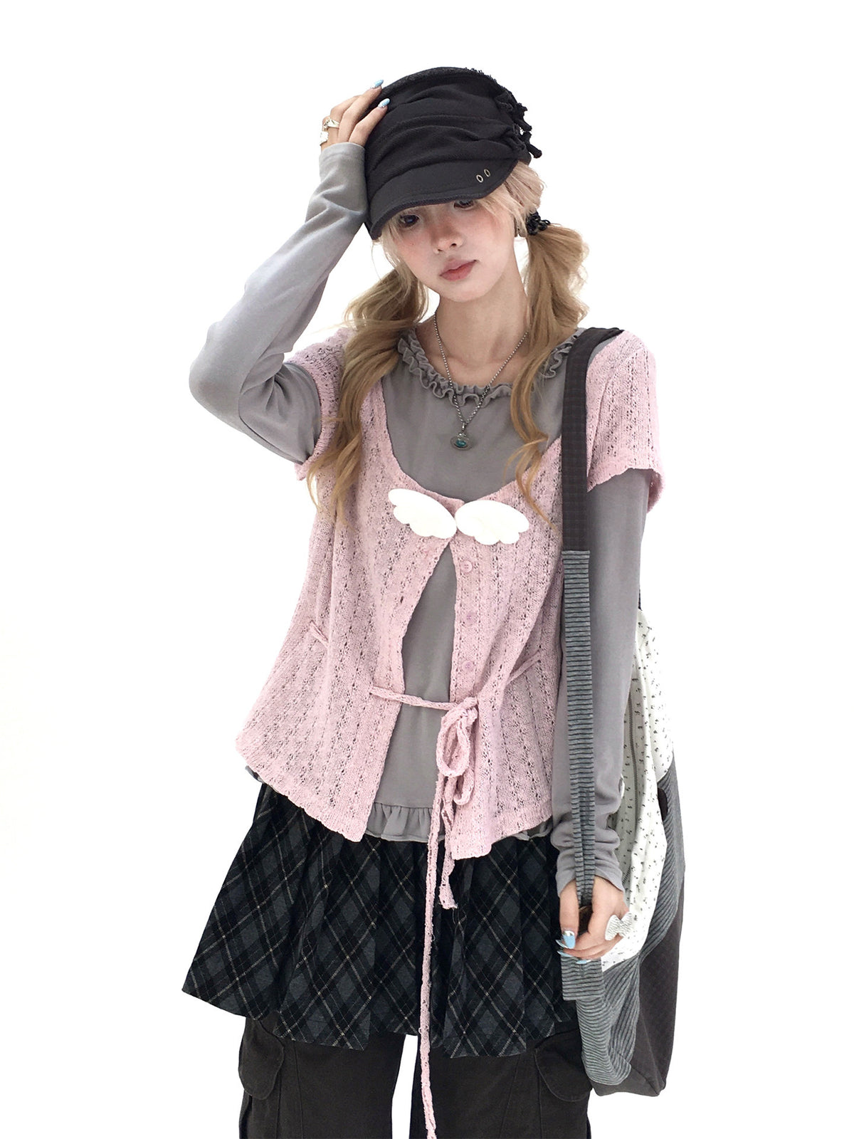 Charcoal Plaid Pleated A-Line Mini Skirt