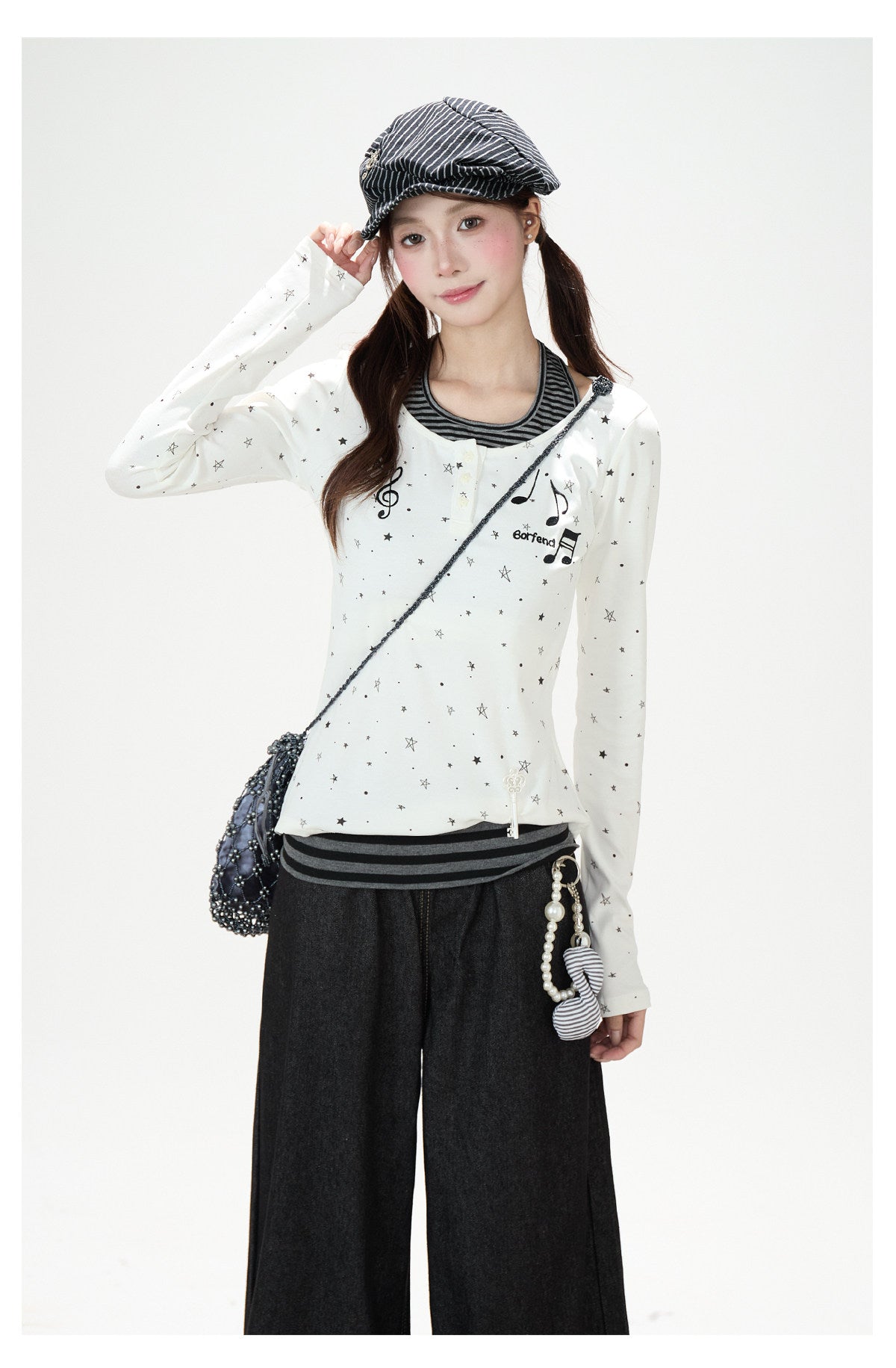 Star Music Note Halter Layered Long Sleeve Top & Black Wide-Leg Pants