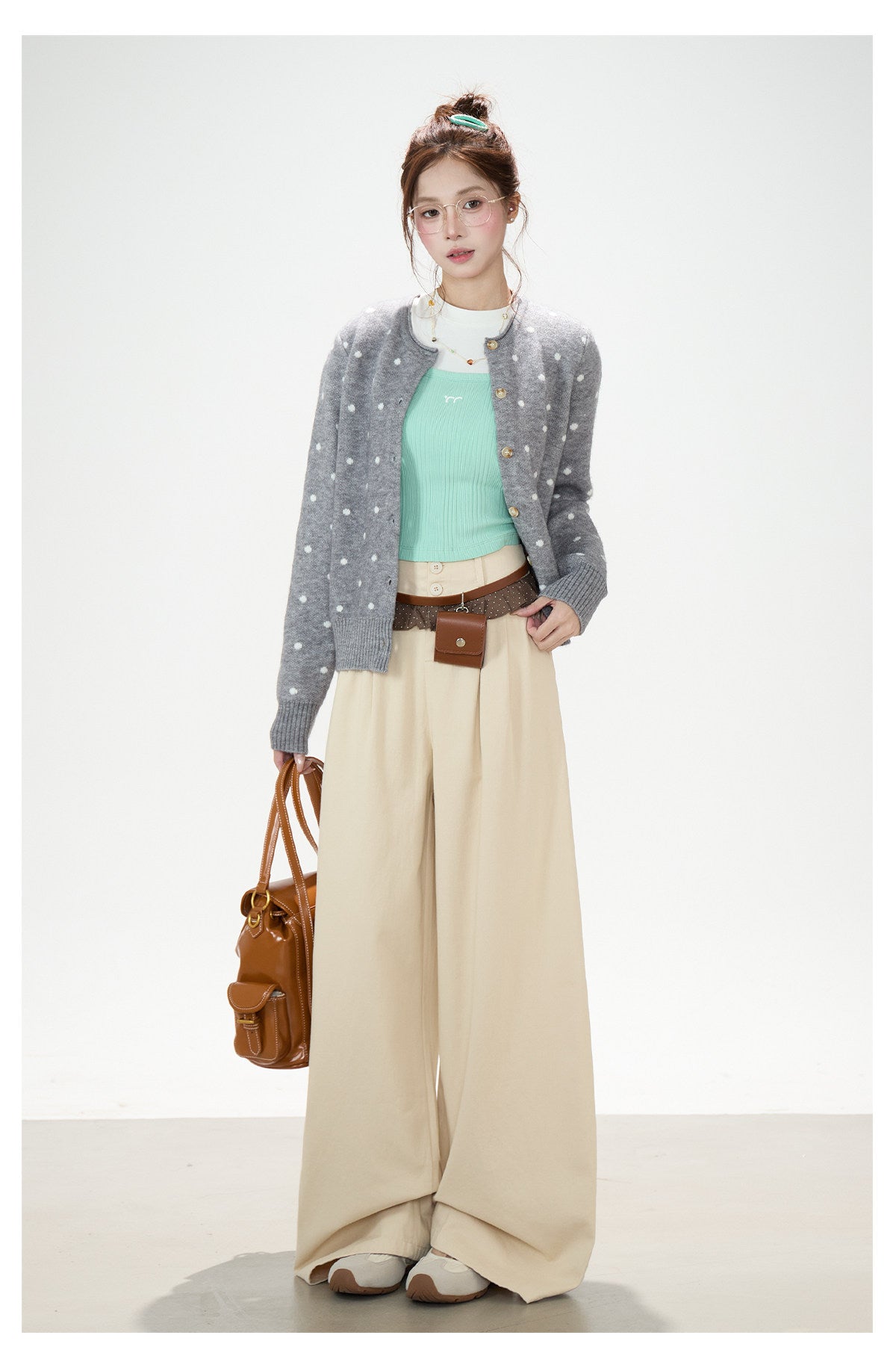 Polka-Dot Jacquard Knit Cardigan & Washed Flare Jeans