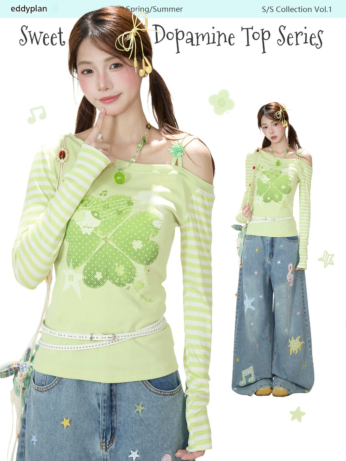 Clover Stripe Off-Shoulder Long Sleeve Top & Star Music Note Wide-Leg Jeans