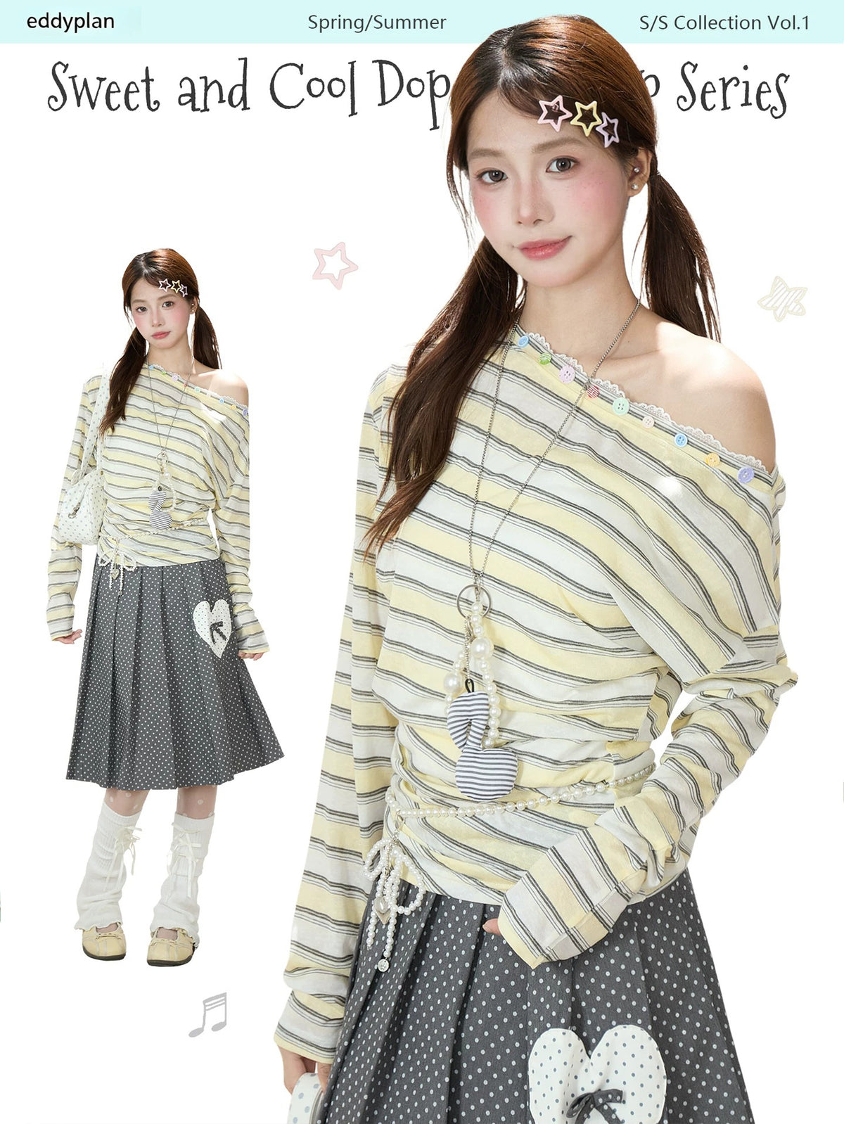Striped Off-Shoulder Long Sleeve Top & Polka-Dot Midi Skirt