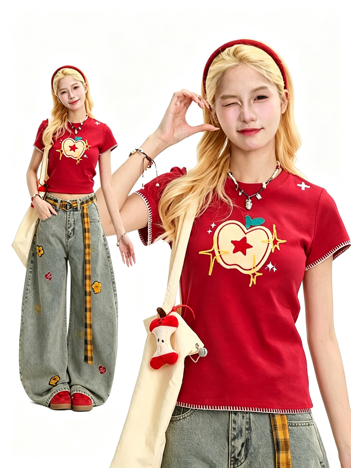 Embroidered Apple Contrast-Stitch Fitted Tee