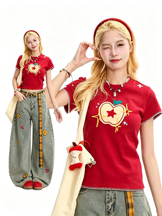 Embroidered Apple Contrast-Stitch Fitted Tee