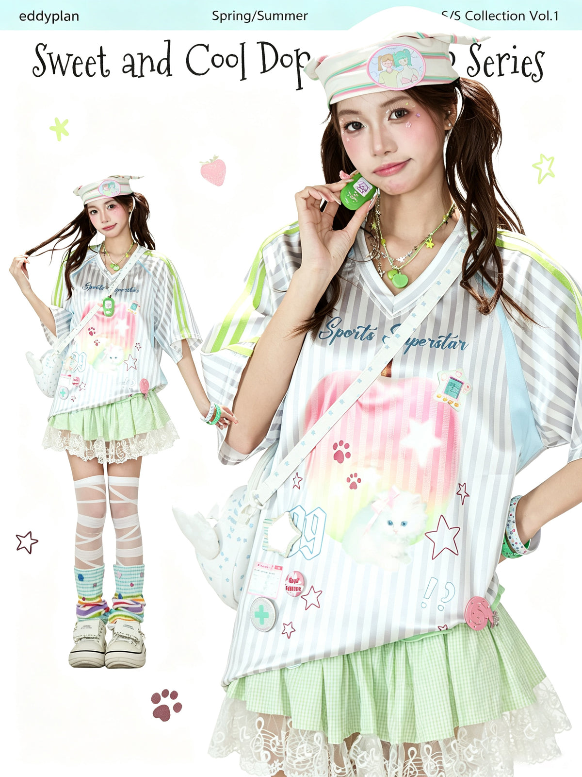 Striped Kitty Graphic V-Neck Tee & Layered Gingham Ruffle Skirt