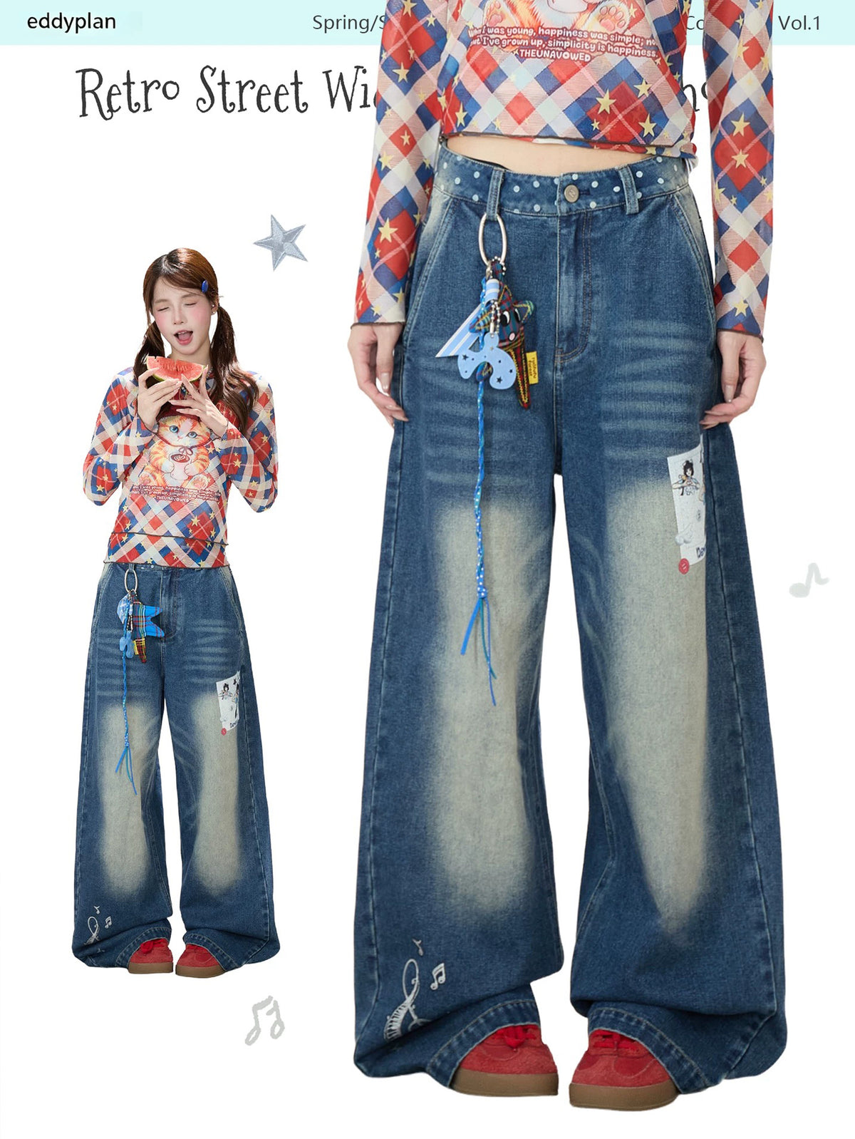Cartoon Patch Washed Wide-Leg Jeans