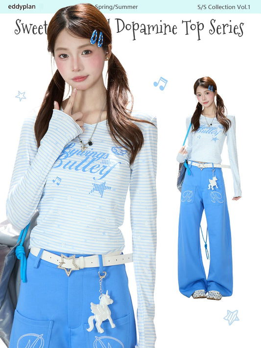 Star Stripe Long Sleeve Top & Blue Wide-Leg Pants