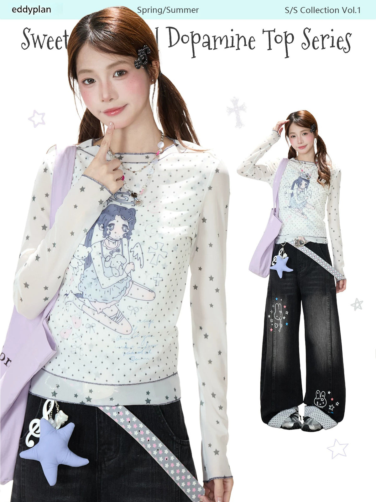 Anime Star Polka-Dot Mesh Long Sleeve Top & Bunny Graphic Wide-Leg Jeans