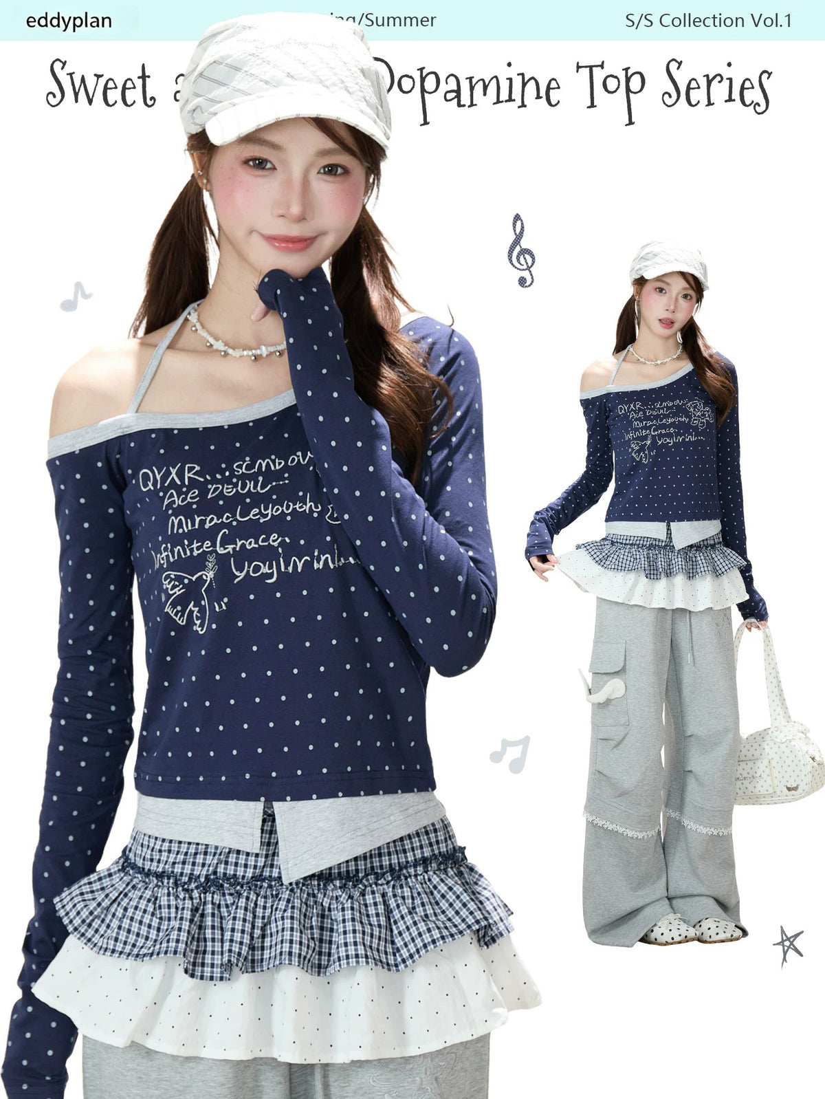 Polka-Dot Halter Off-Shoulder Long Sleeve Top & Wing Lace Wide-Leg Cargo Pants