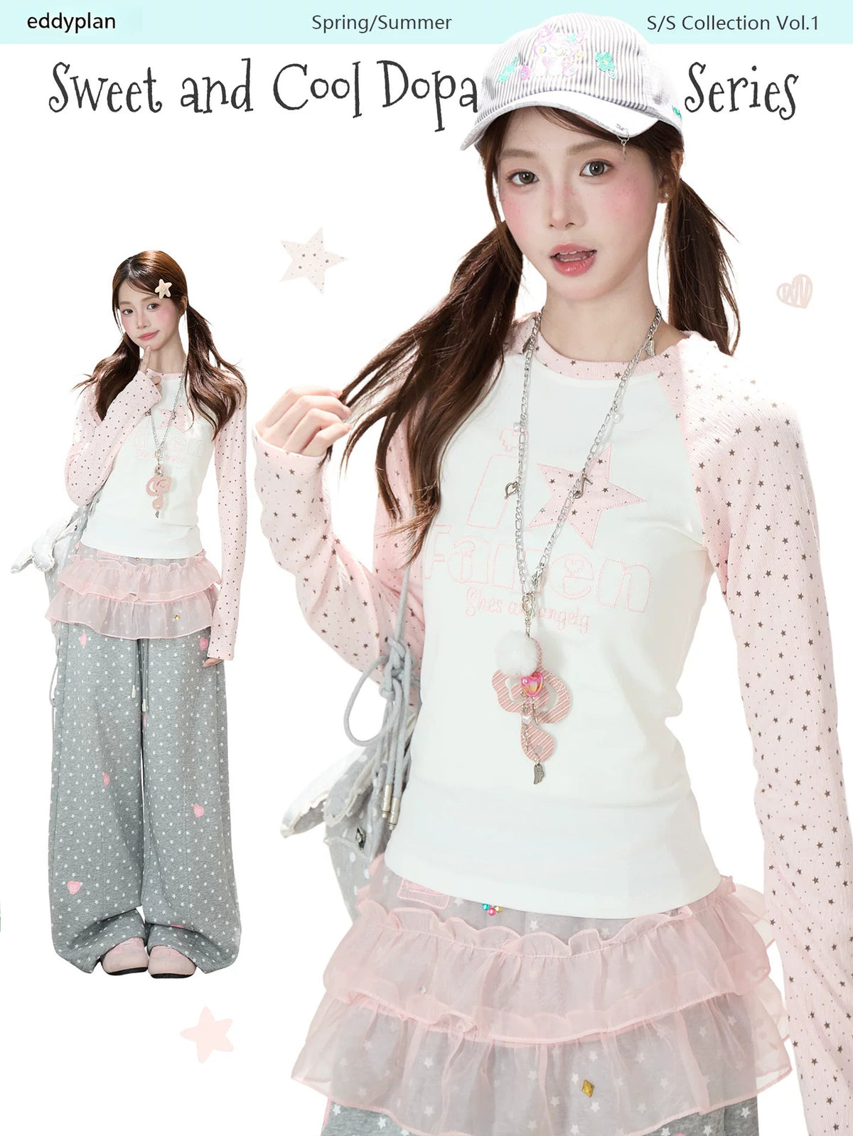 Pink Star Raglan Long Sleeve Top & Gray Heart Star Wide-Leg Pants