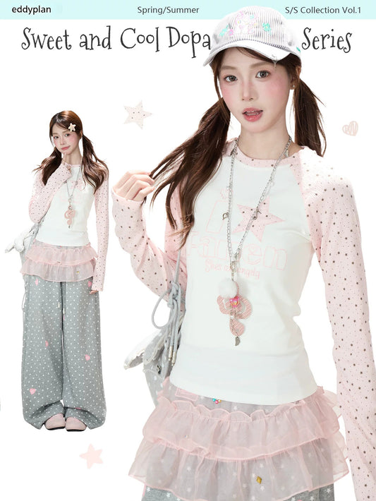Pink Star Raglan Long Sleeve Top & Gray Heart Star Wide-Leg Pants