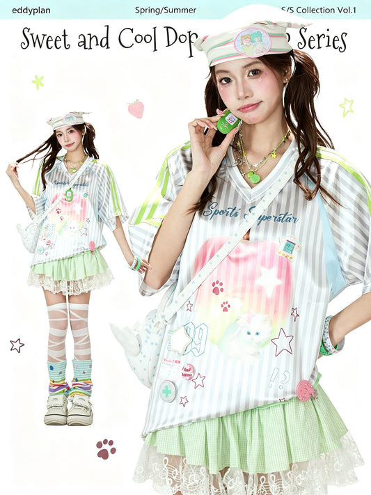 Striped Kitty Graphic V-Neck Tee & Layered Gingham Ruffle Skirt