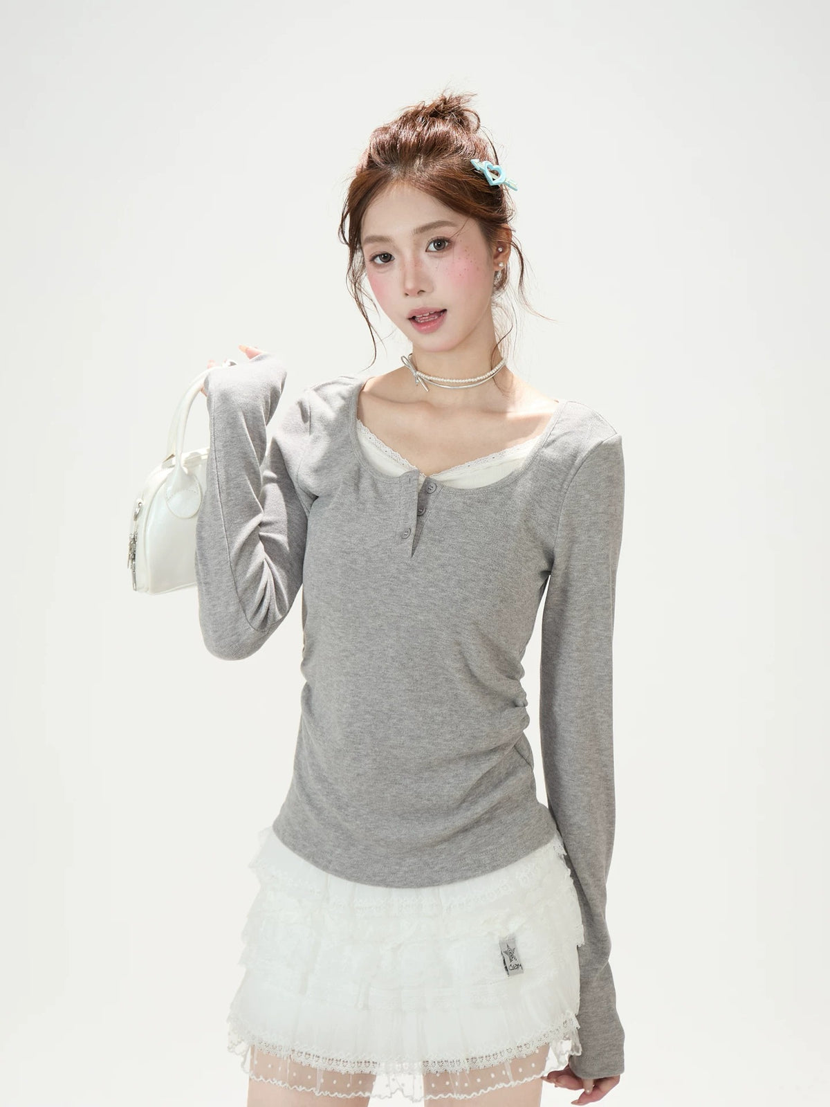 Faux-Layered V-Neck Long Sleeve Top & Ruffle Mini Skirt