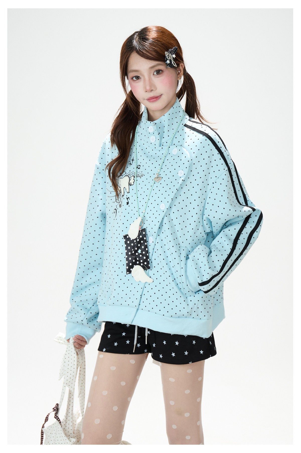 Polka-Dot Stripe Asymmetric Button Jacket & Black Tiered Mini Skirt