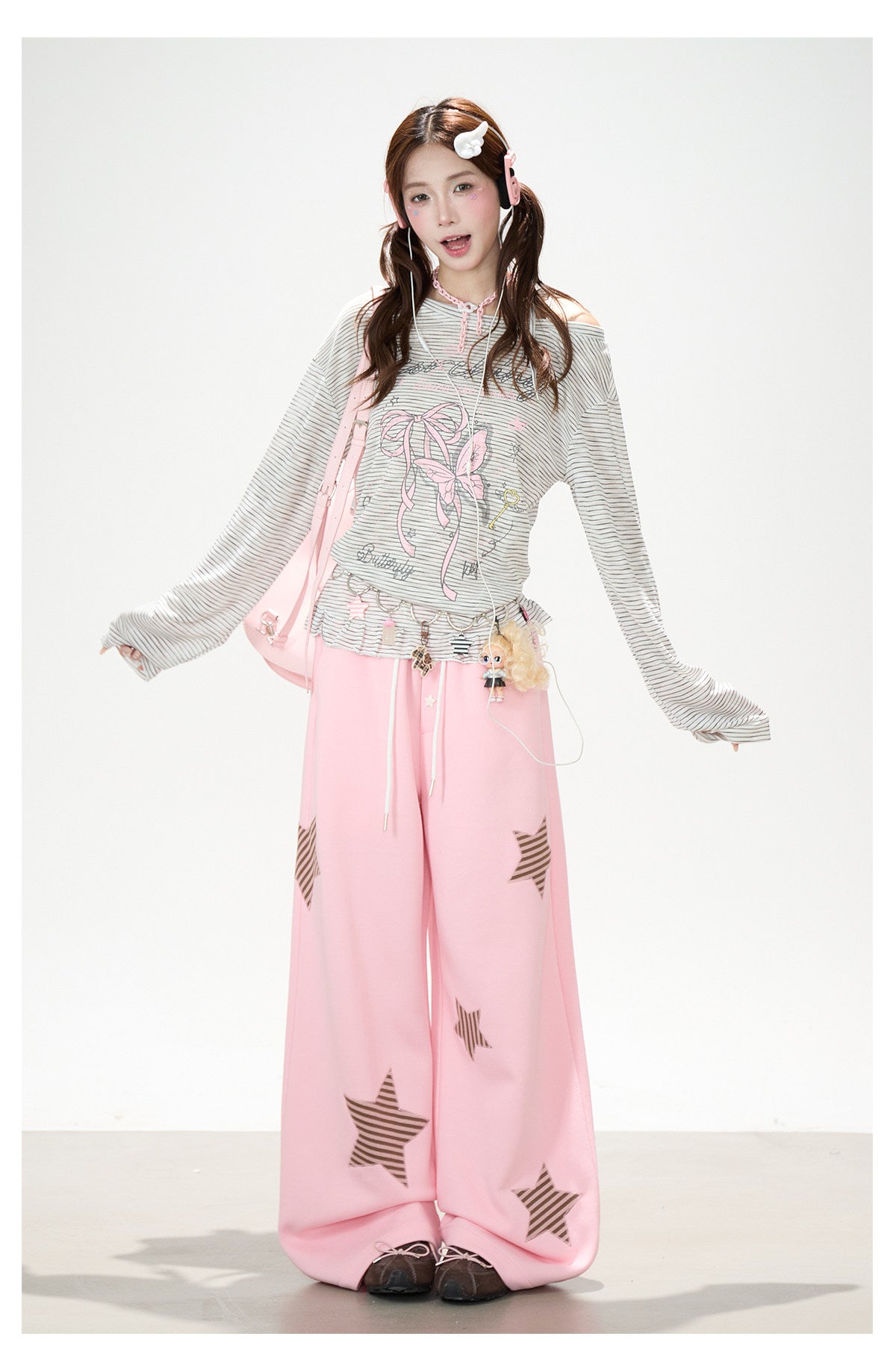 Bow Stripe Off-Shoulder Long Sleeve Top & Pink Wide-Leg Pants