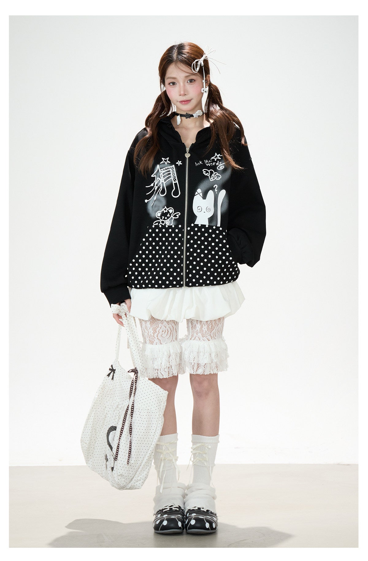 Cartoon Polka-Dot Zip-Up Hoodie & Star Print Shorts