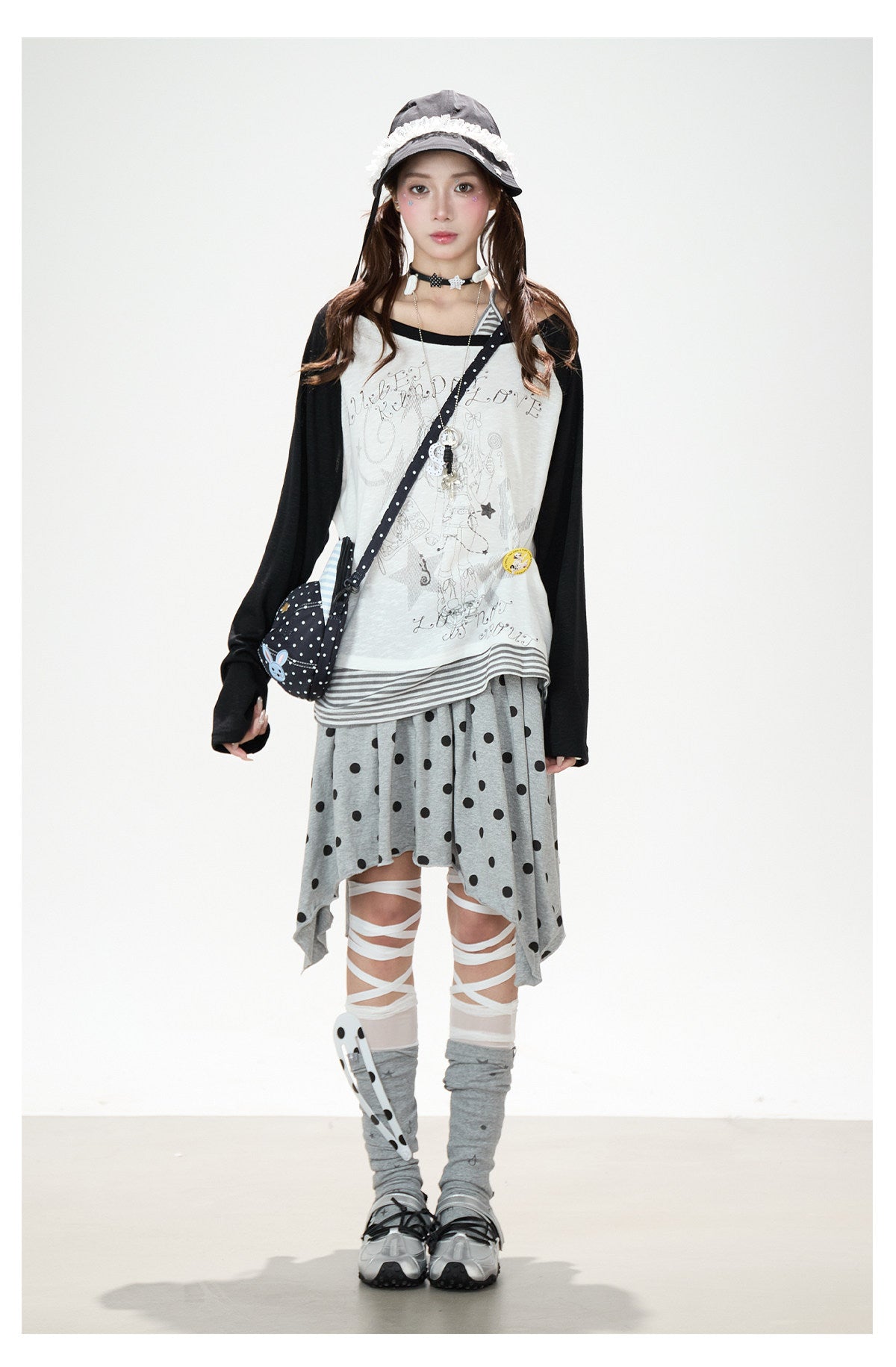 Cartoon Girl Off-Shoulder Long Sleeve Top & Asymmetric Polka-Dot Mini Skirt