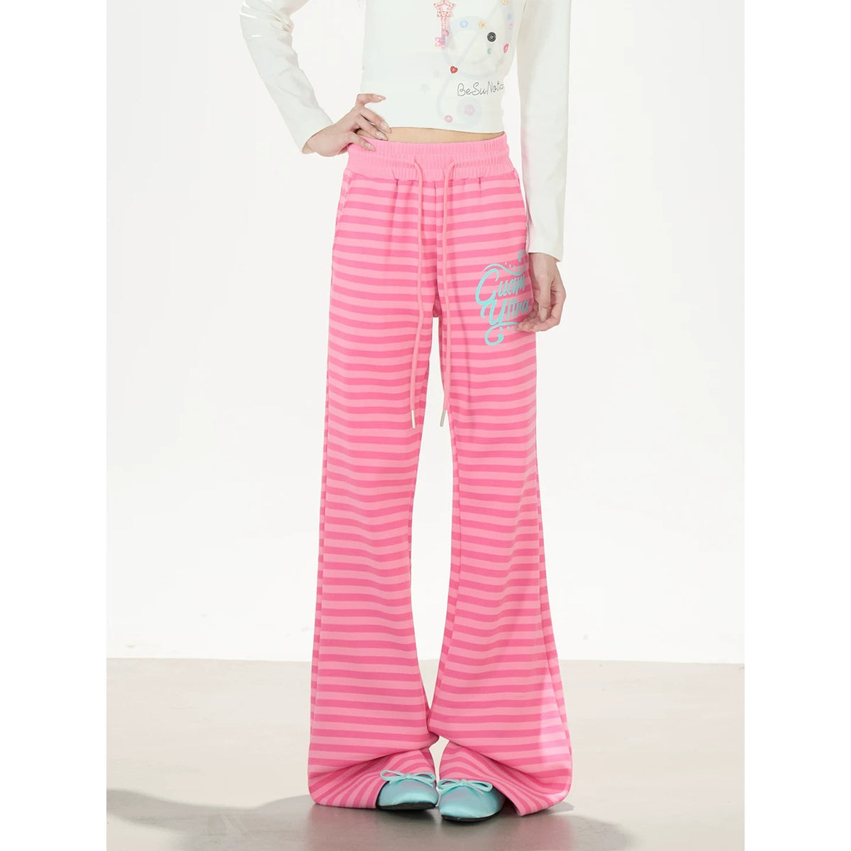 Music Note Star Button V-Neck Long Sleeve Top & Pink Stripe Wide-Leg Pants