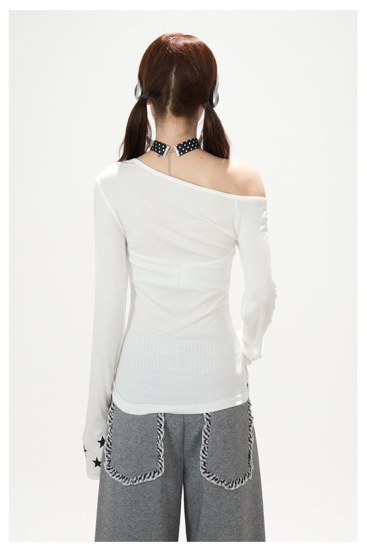 Star Letter Off-Shoulder Long Sleeve Top & Gray Graphic Wide-Leg Pants