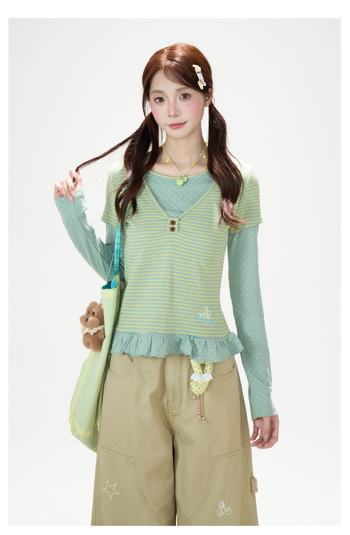Polka-Dot Stripe Layered Long Sleeve Top & Embroidered Khaki Wide-Leg Cargo Pants