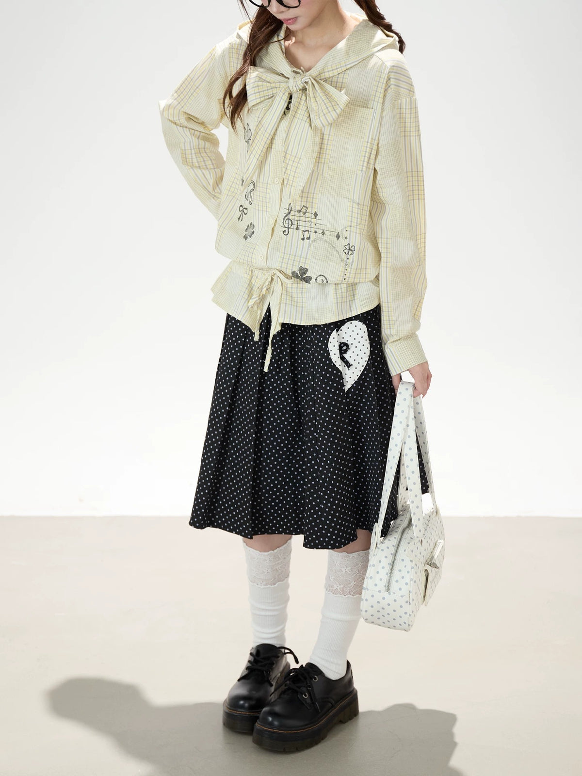 Plaid Hooded Long Sleeve Shirt & Black Polka-Dot Midi Skirt