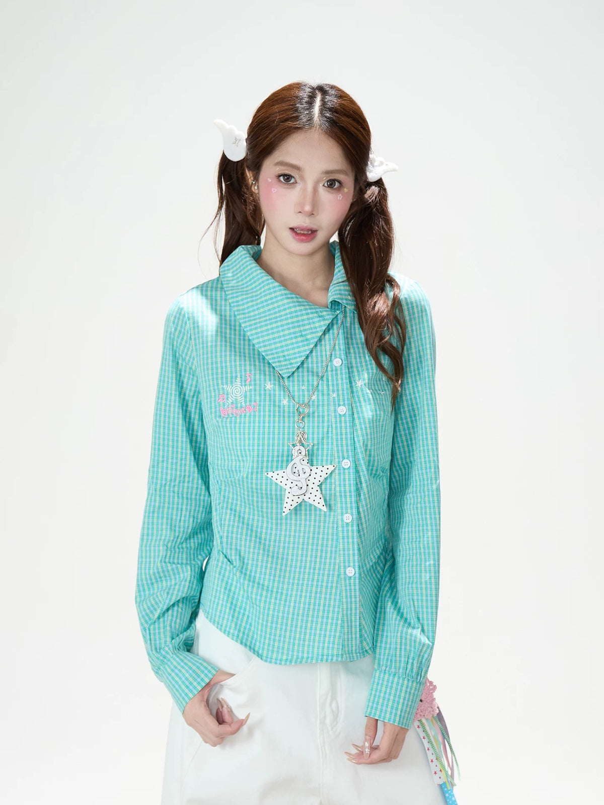 Green Check Fitted Shirt & White Wide-Leg Pants