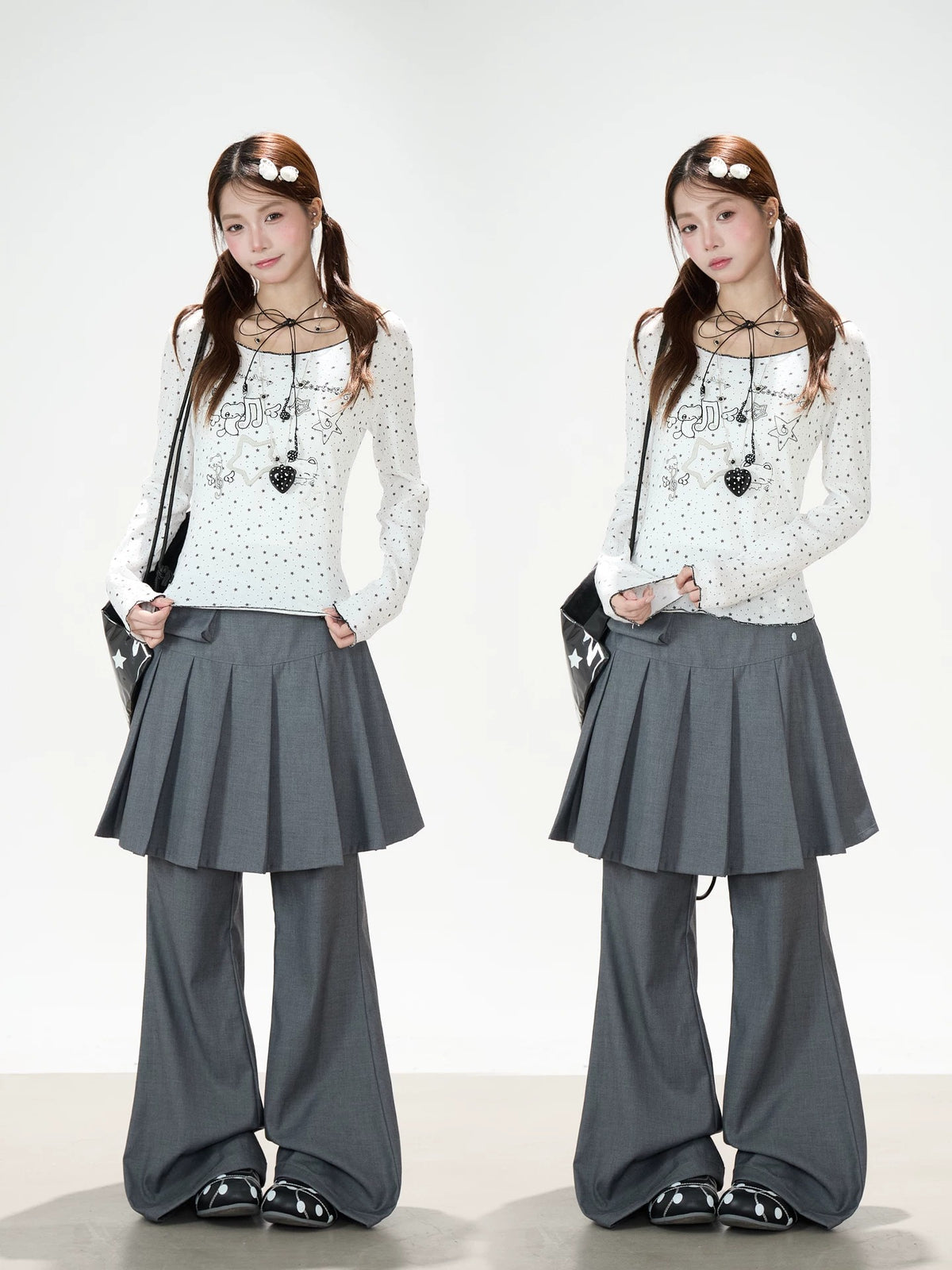 Star Cartoon Fitted Long Sleeve Top & Pleated Skirt-Layer Wide-Leg Pants