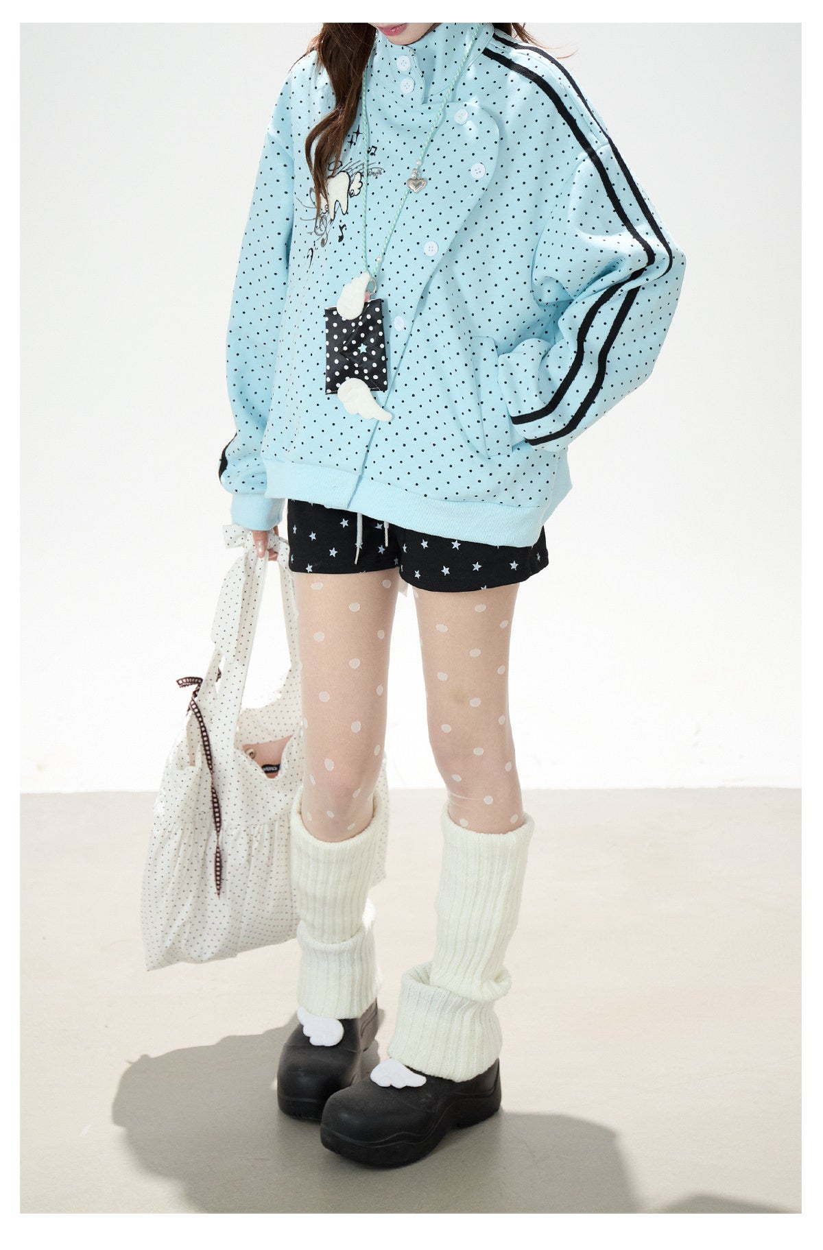 Polka-Dot Stripe Asymmetric Button Jacket & Star Print Shorts