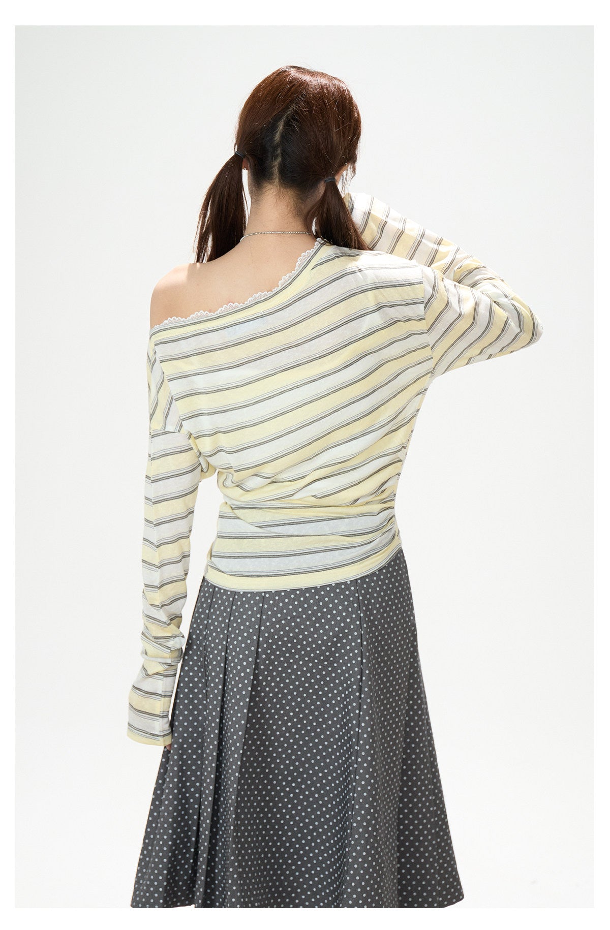 Striped Off-Shoulder Long Sleeve Top & Polka-Dot Midi Skirt