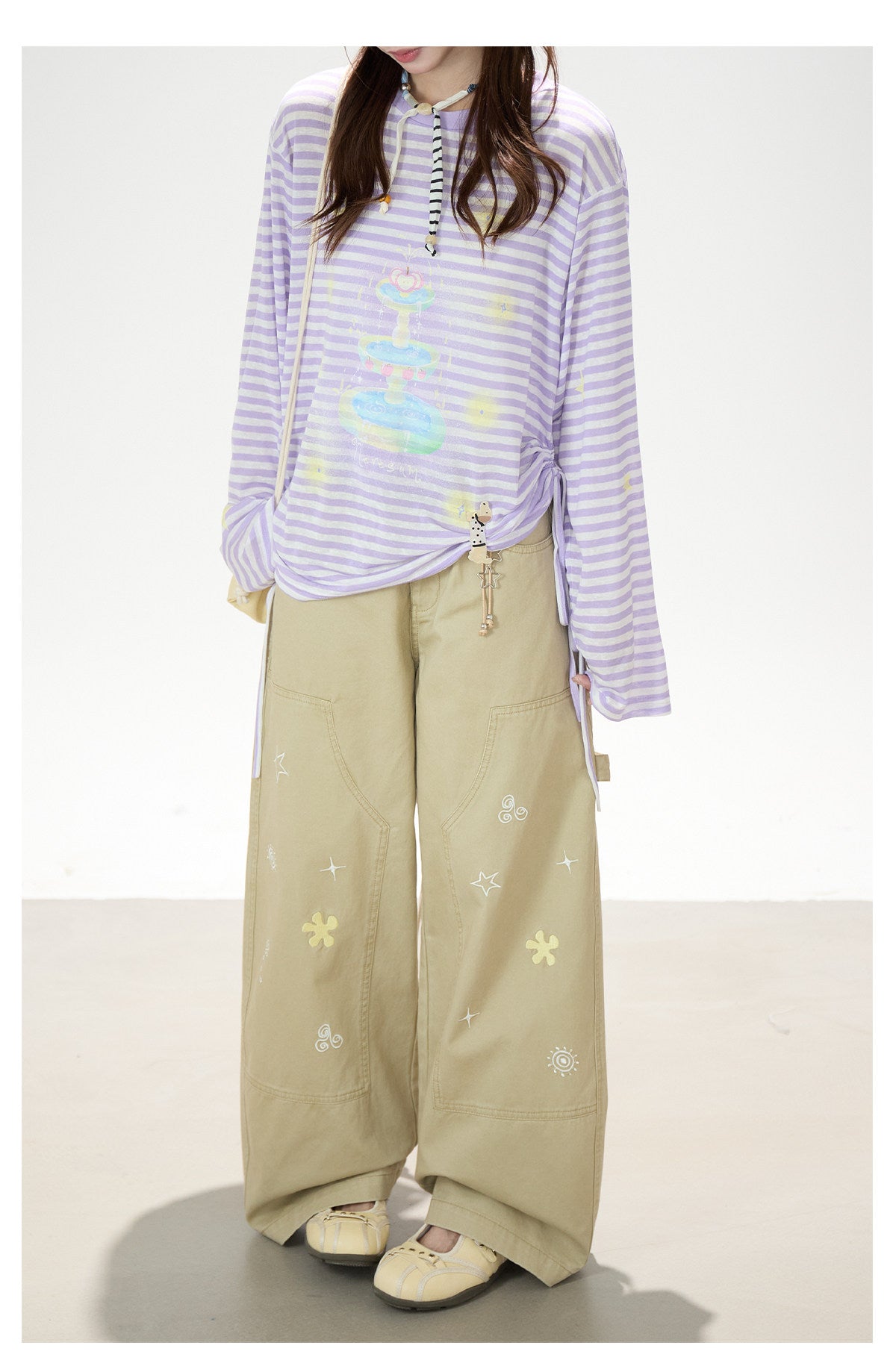 Khaki Embroidered Wide-Leg Cargo Pants