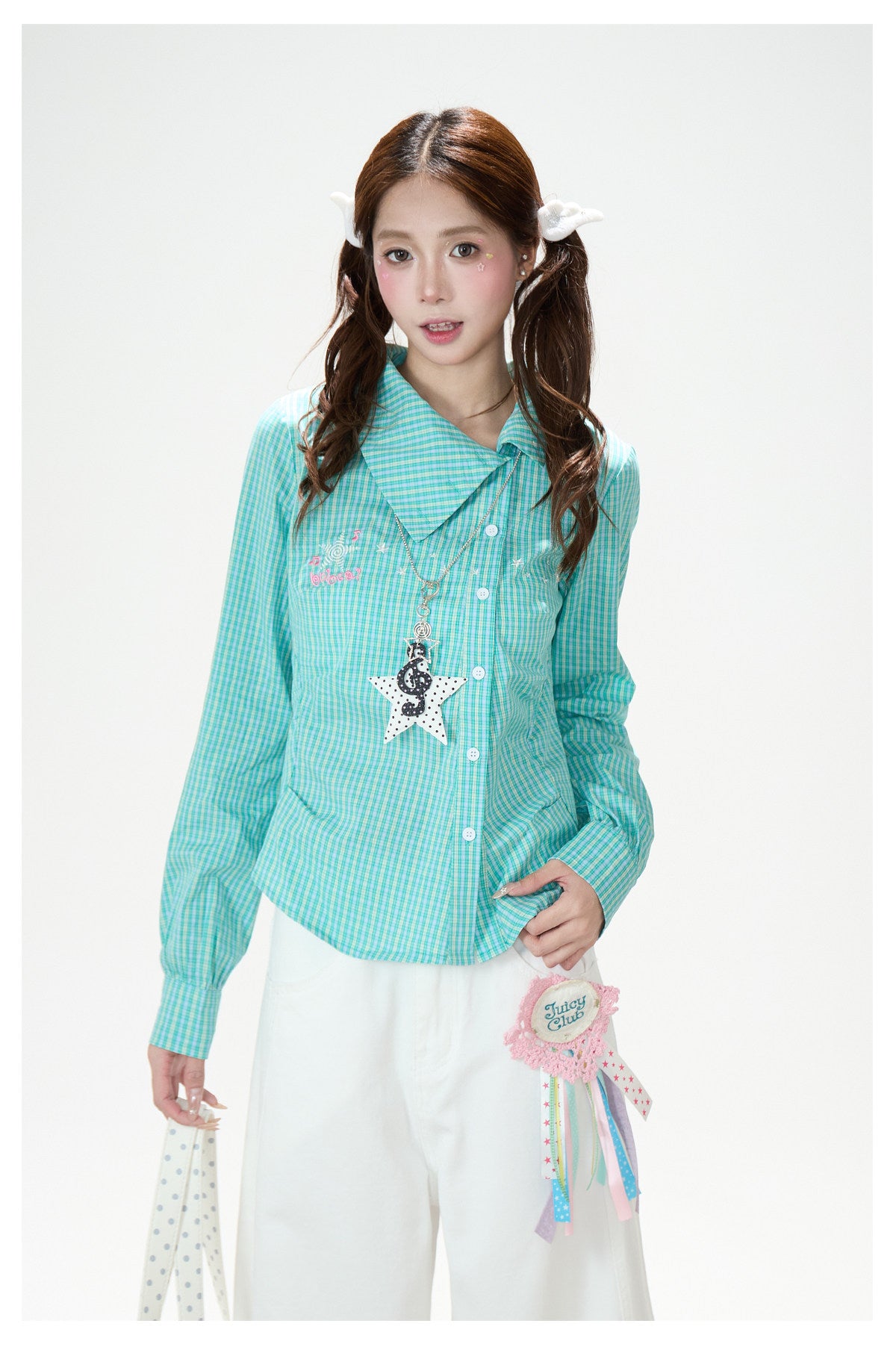 Green Check Fitted Shirt & White Wide-Leg Pants