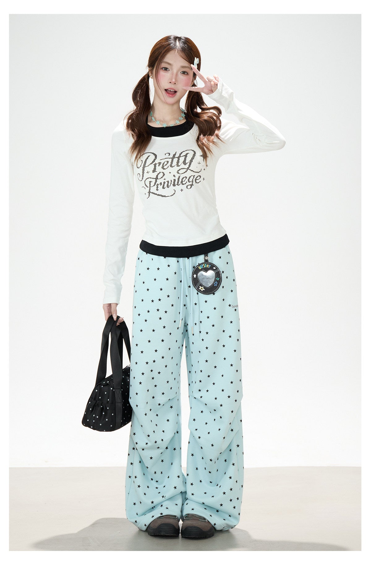 Contrast Halter Layered Long Sleeve Top & Allover Star Wide-Leg Sweatpants