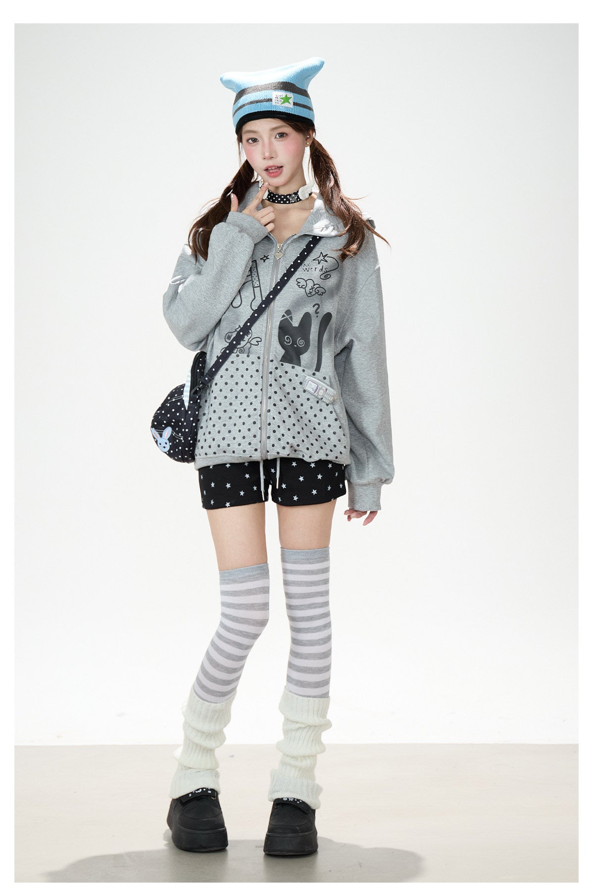 Cartoon Polka-Dot Zip-Up Hoodie & Star Print Shorts