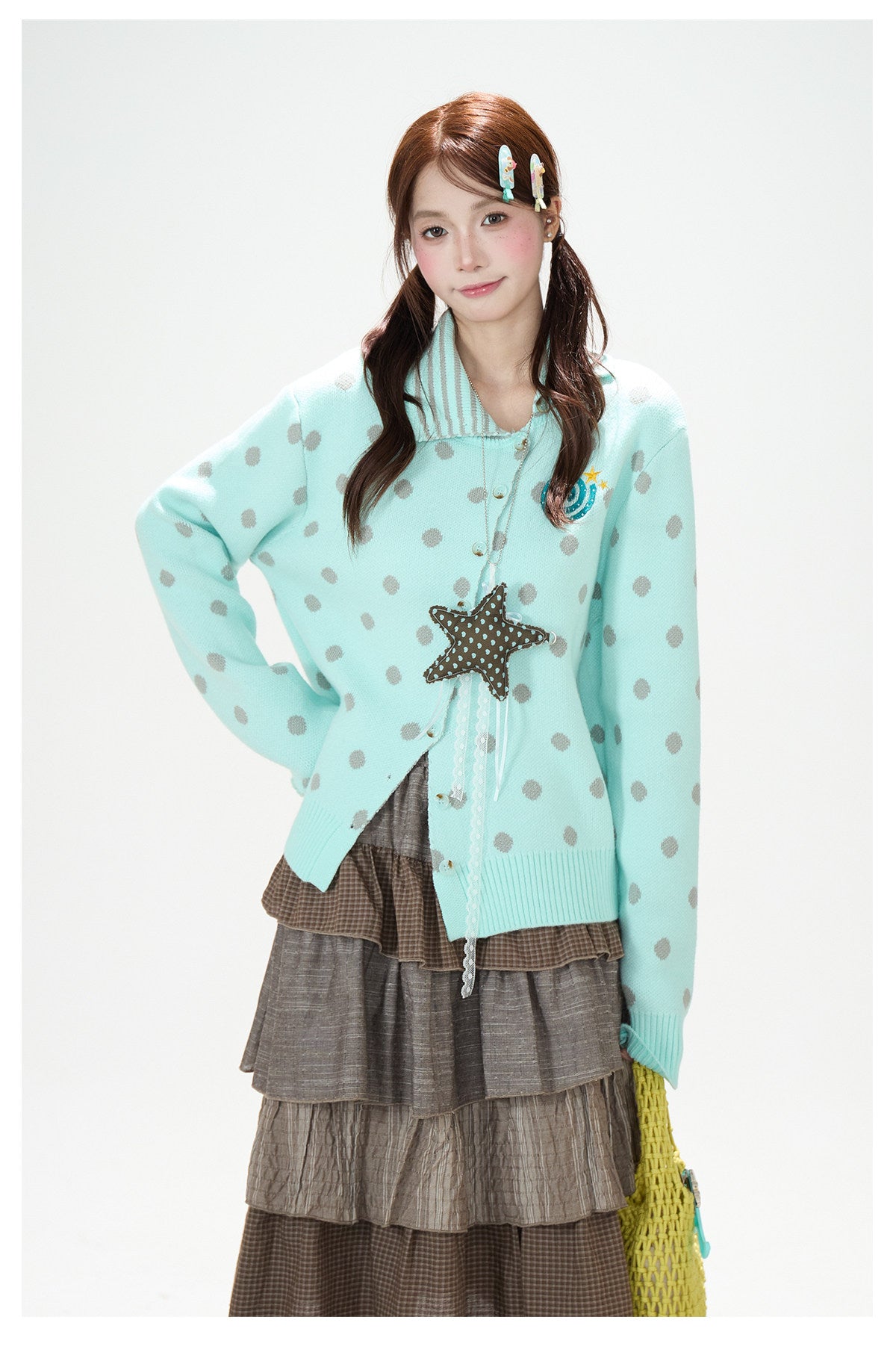 Polka-Dot Asymmetric Knit Cardigan & Tiered Midi Skirt