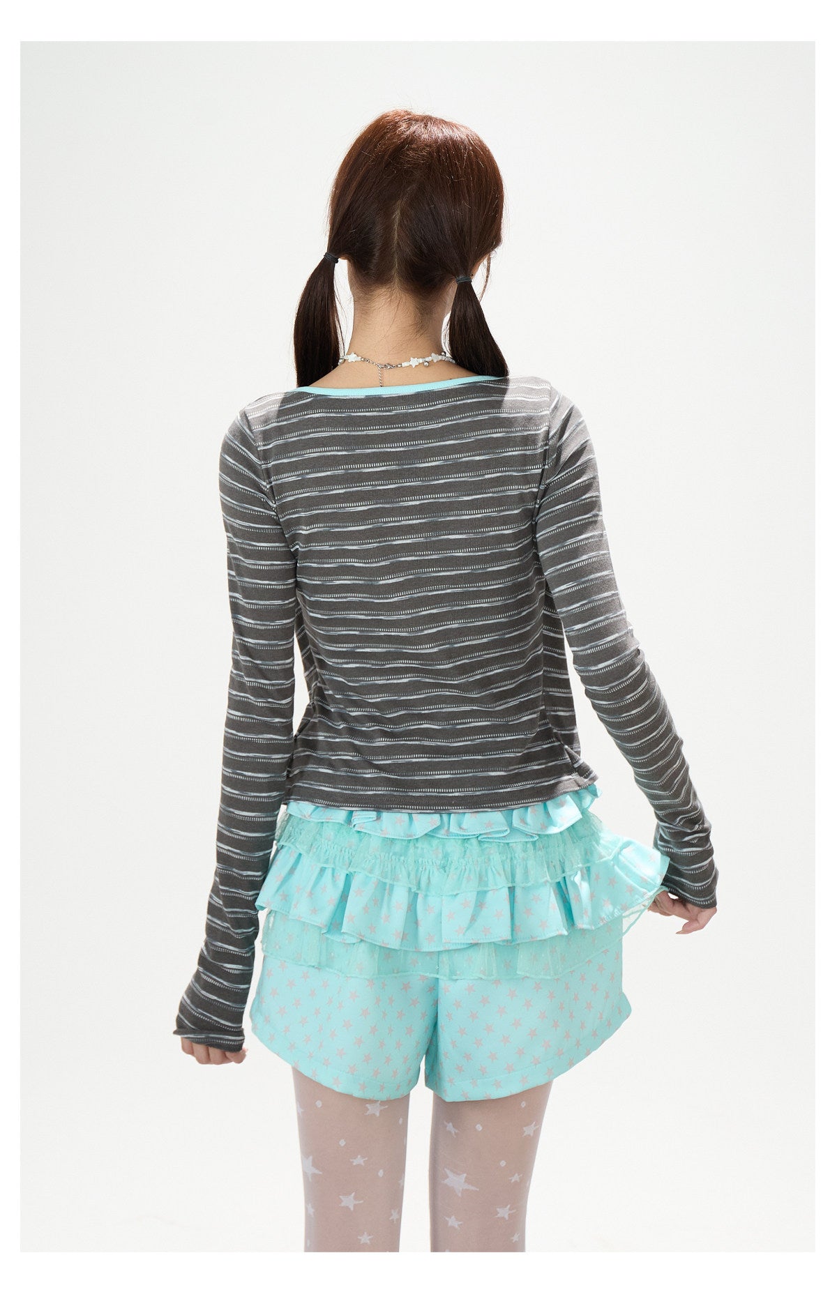 Polka-Dot Tie-Front Layered Long Sleeve Top & Pinstripe Button Wide-Leg Pants