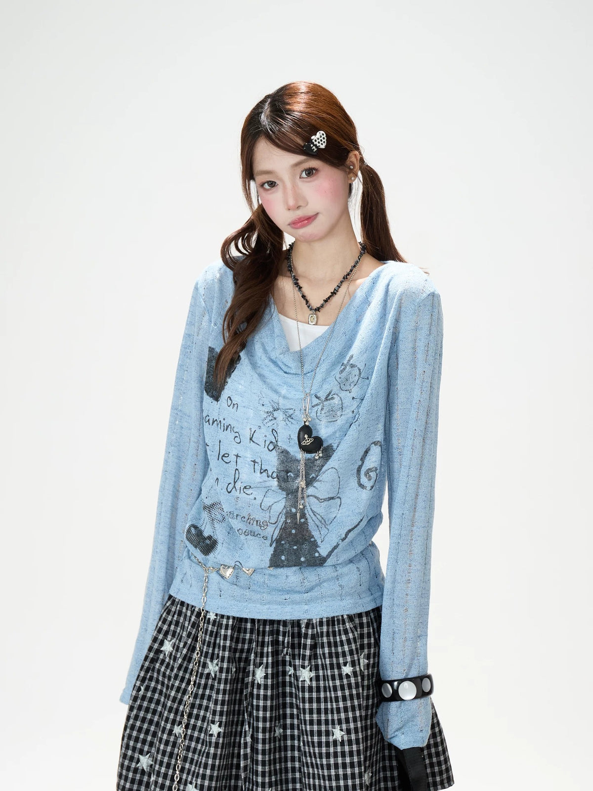 Cartoon Graffiti Cowl-Neck Long Sleeve Top & Black Plaid Lace Mini Skirt