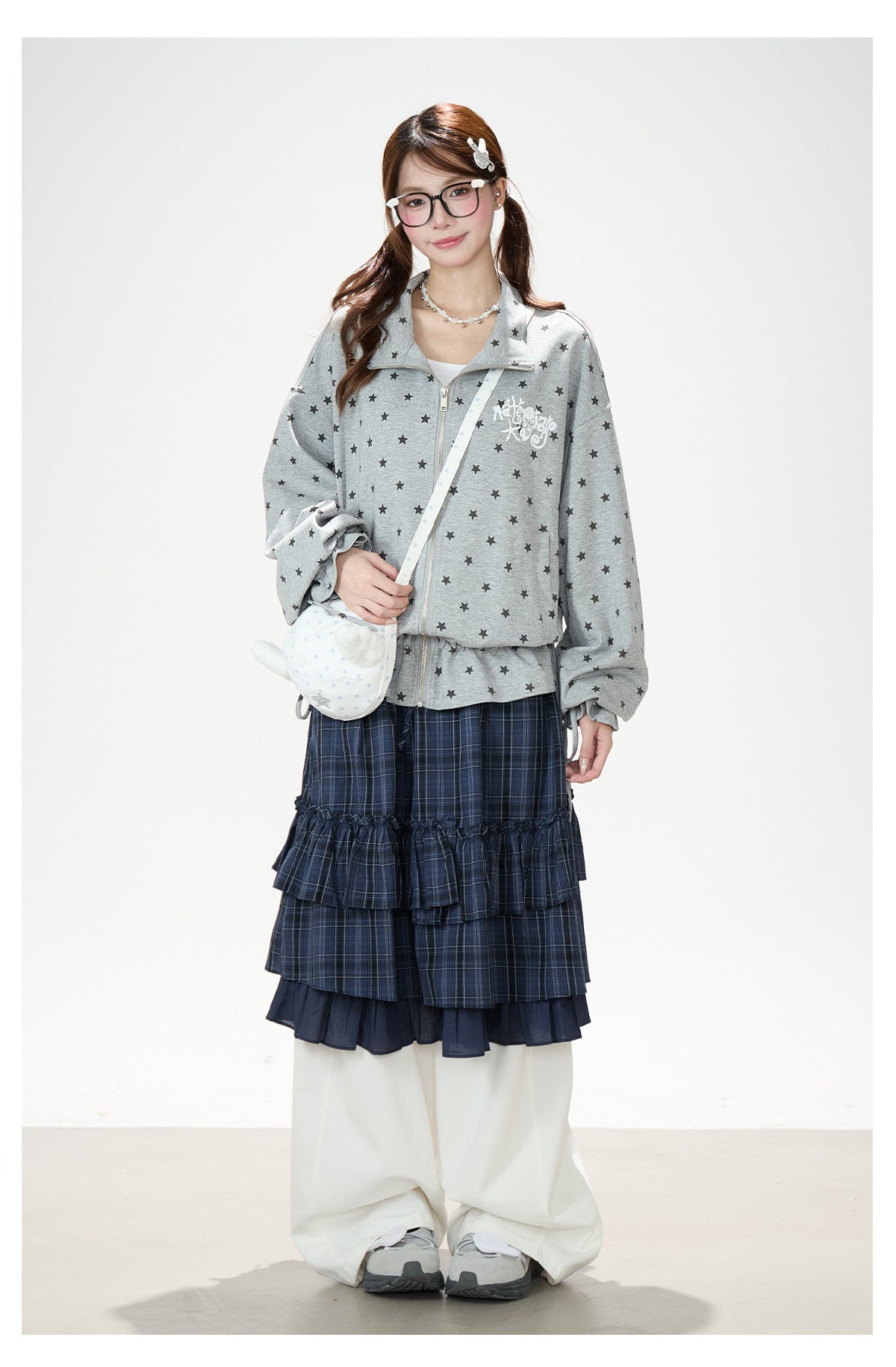 Allover Star Zip-Up Sweatshirt Jacket & Blue Plaid Tiered Midi Skirt