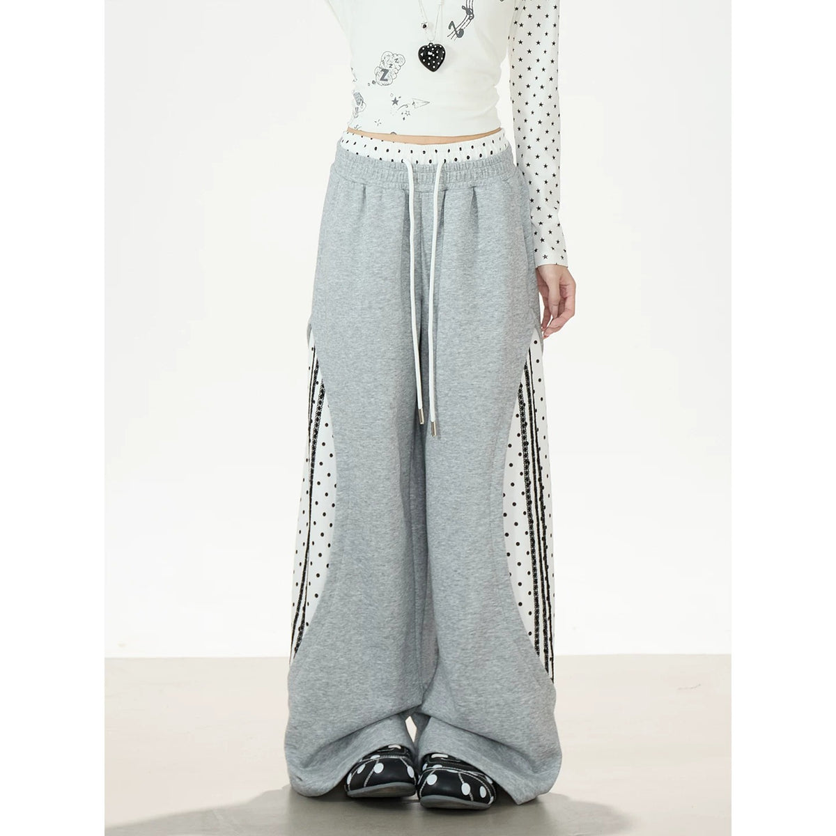 Star Patchwork Layered Long Sleeve Top & Gray Polka-Dot Wide-Leg Pants
