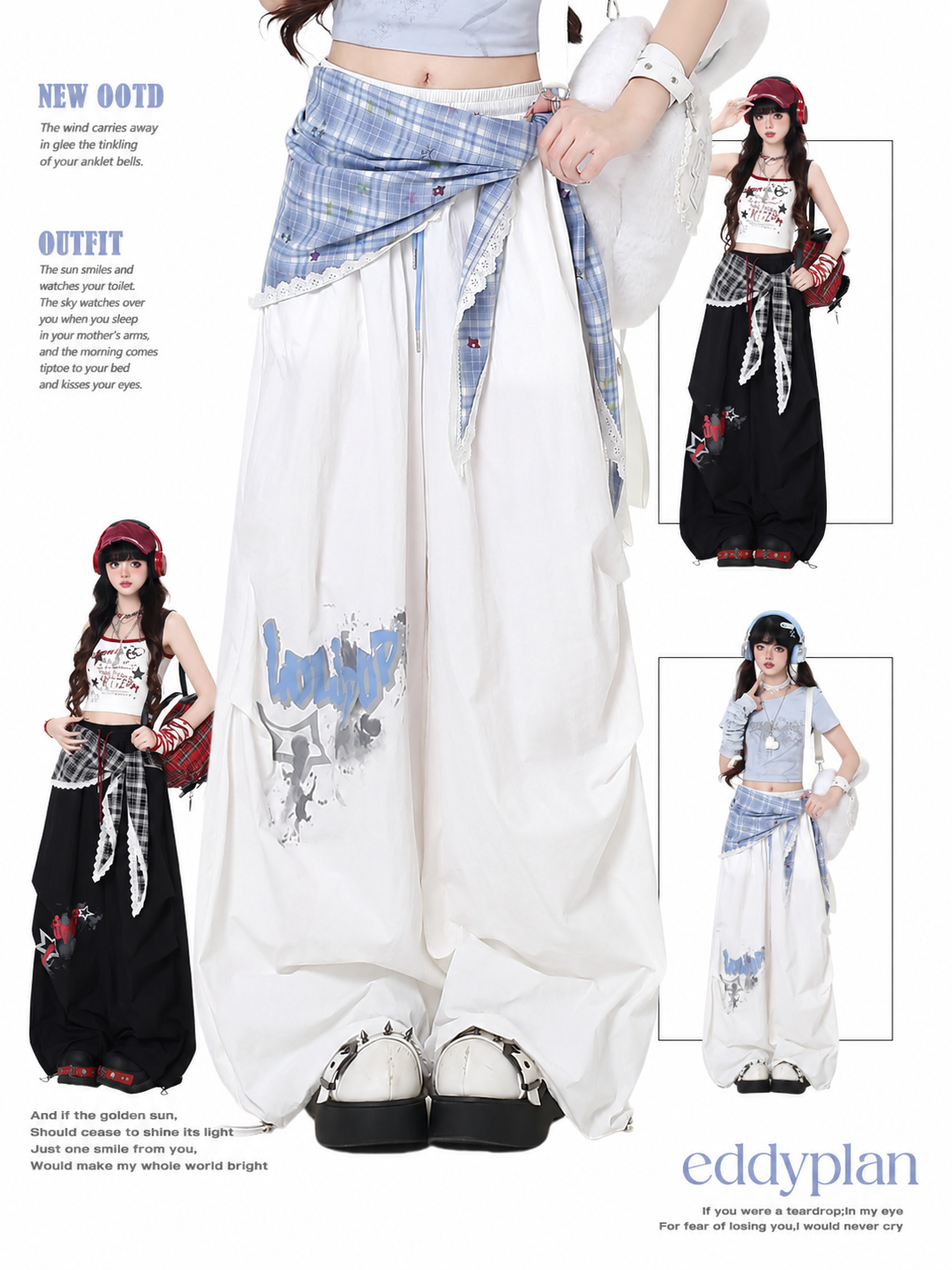 Plaid Scarf Layered Wide-Leg Cargo Pants
